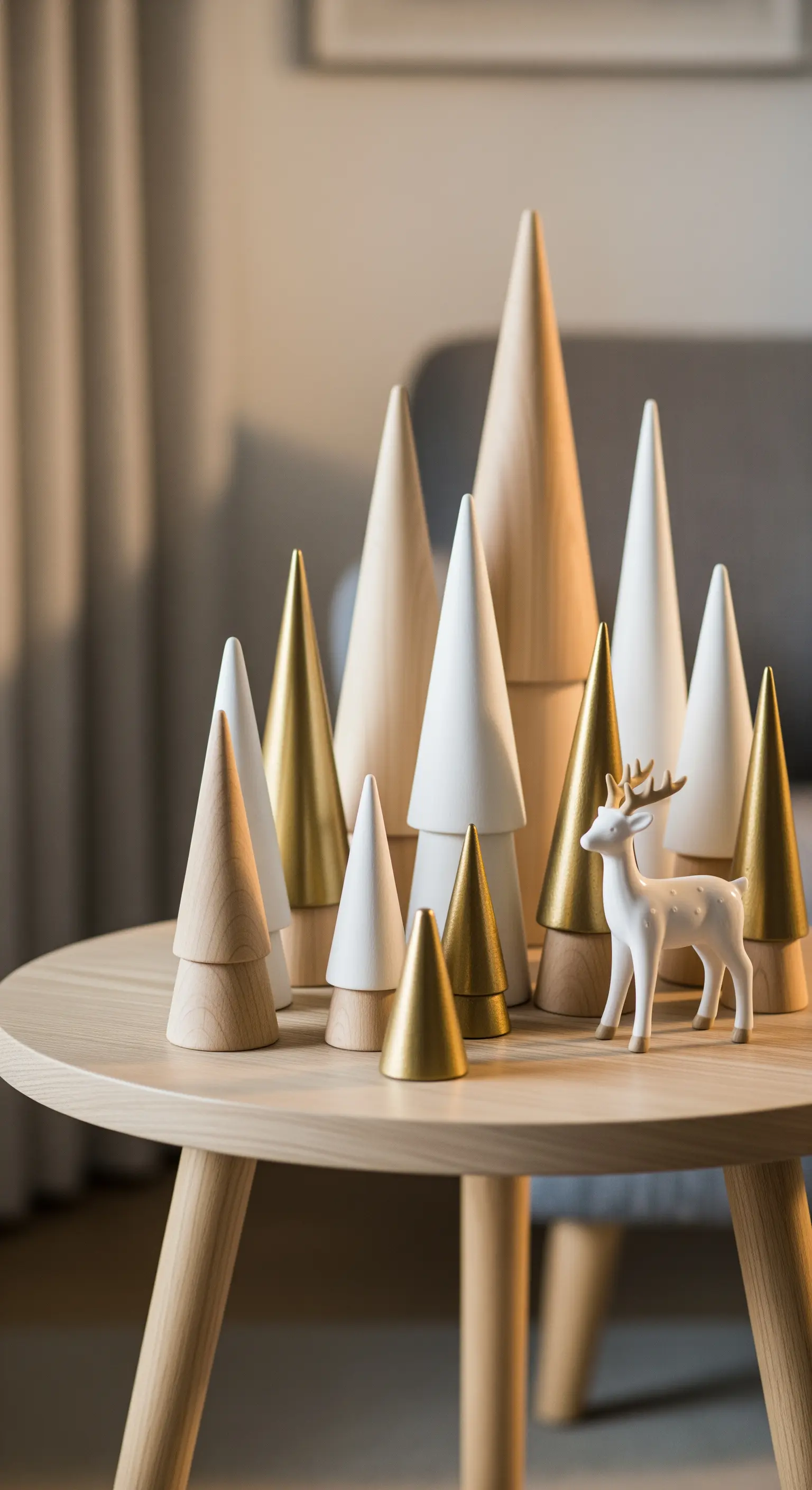 Holz- und goldene Kegelbäume mit einem Reh auf einem Couchtisch.