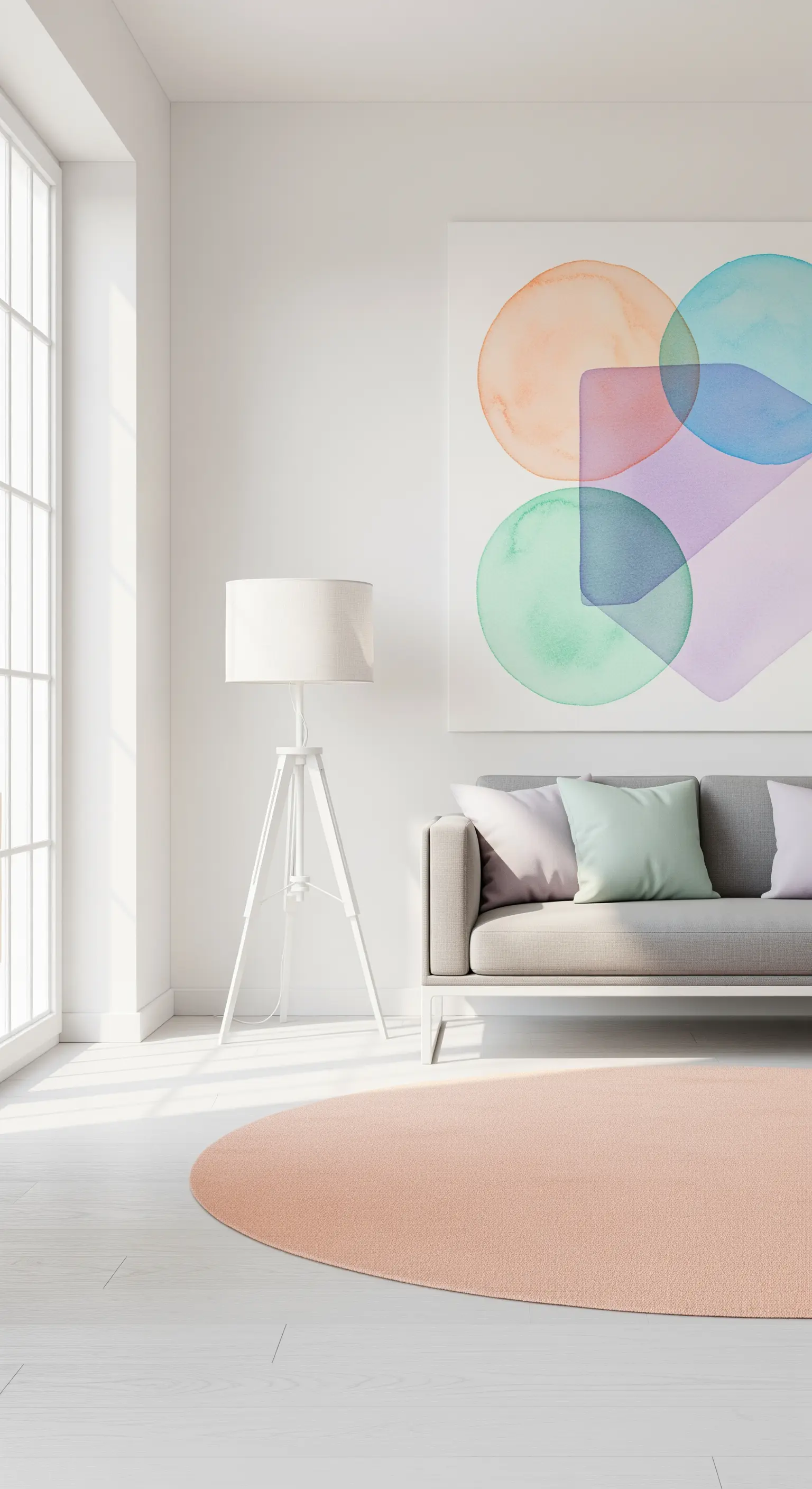 Moderne Pastell-Aquarell-Wandkunst, graues Sofa, runder Pfirsich-Teppich