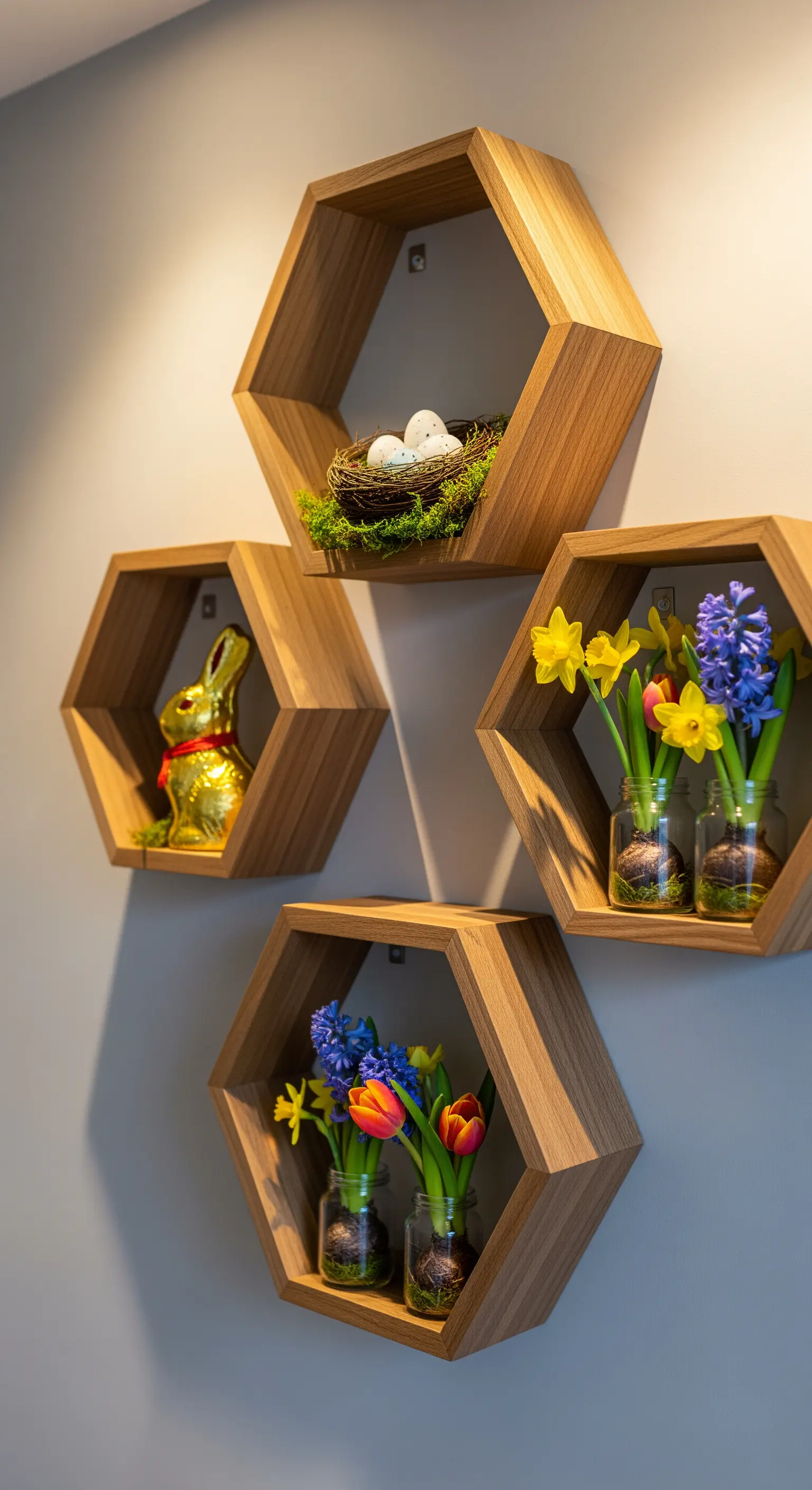 Geometrische Holzregale mit Blumen, Nestern und Osterhasen an der Wand