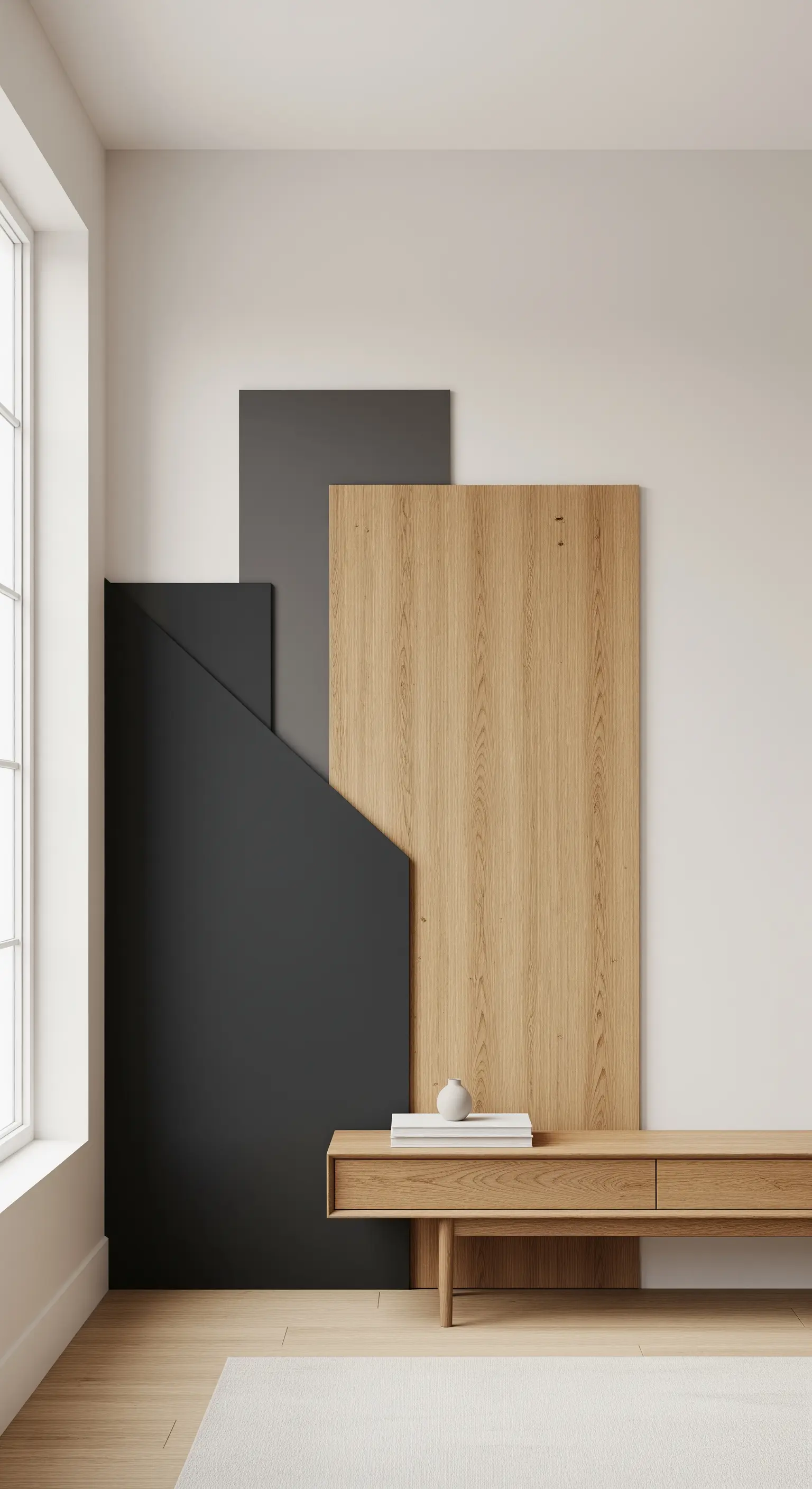 Asymmetrische Wandpaneele aus Holz und Schwarz in einer minimalistischen Ecke.