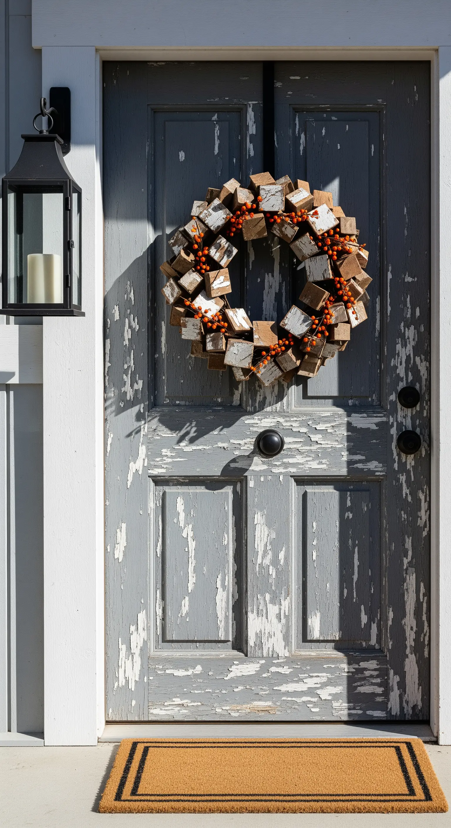 Holzwürfelkranz mit orangefarbenen Beeren an verwitterter grauer Tür