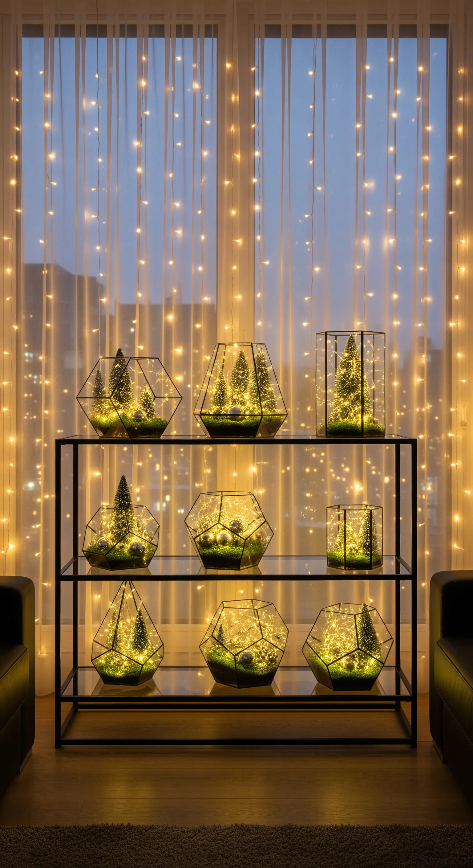 Geometrische Glas-Terrarien mit beleuchteten Tannenbäumen auf einem Regal vor einem Vorhang aus Lichterketten