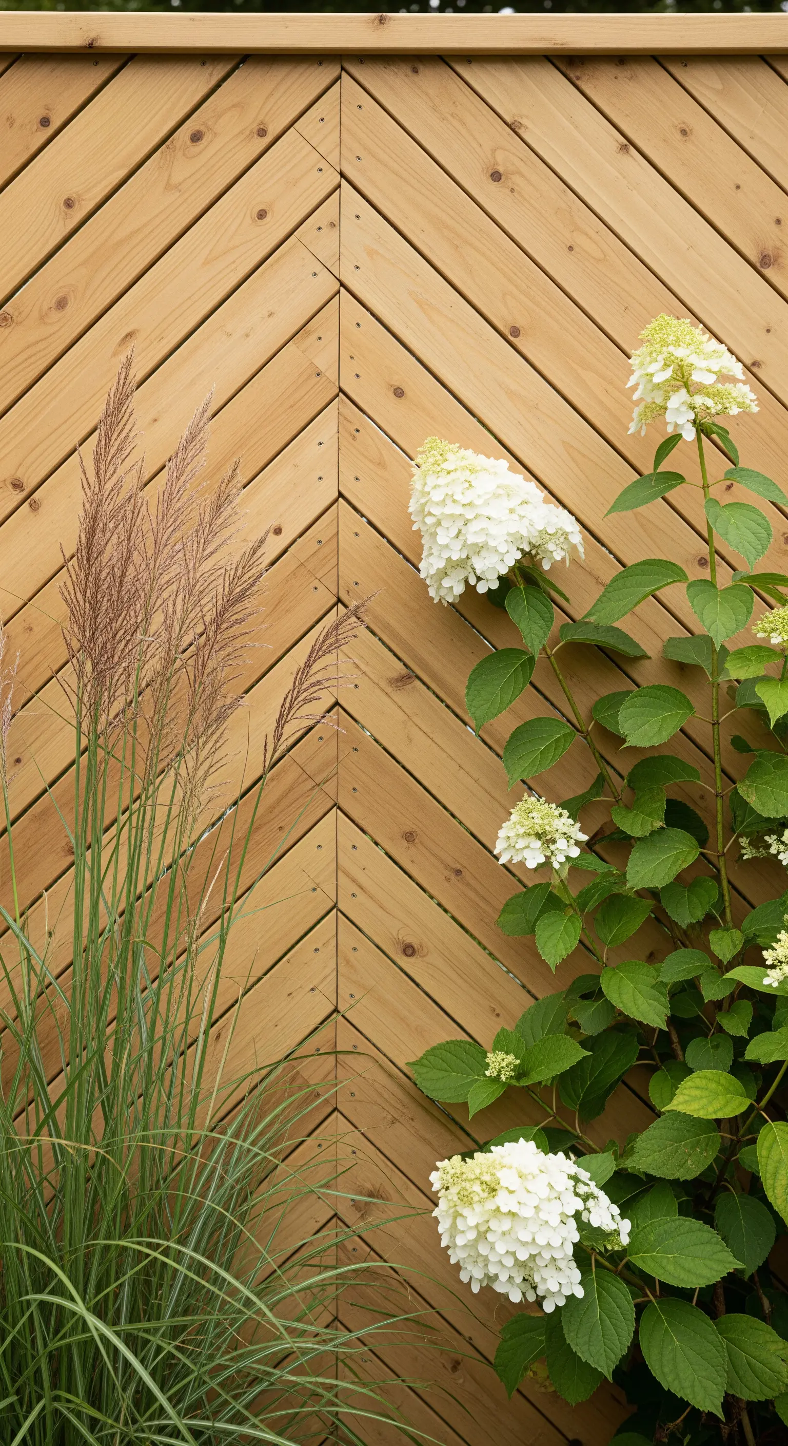 Holzpaneel mit Chevron-Muster, hohen Gräsern und weißen Hortensien
