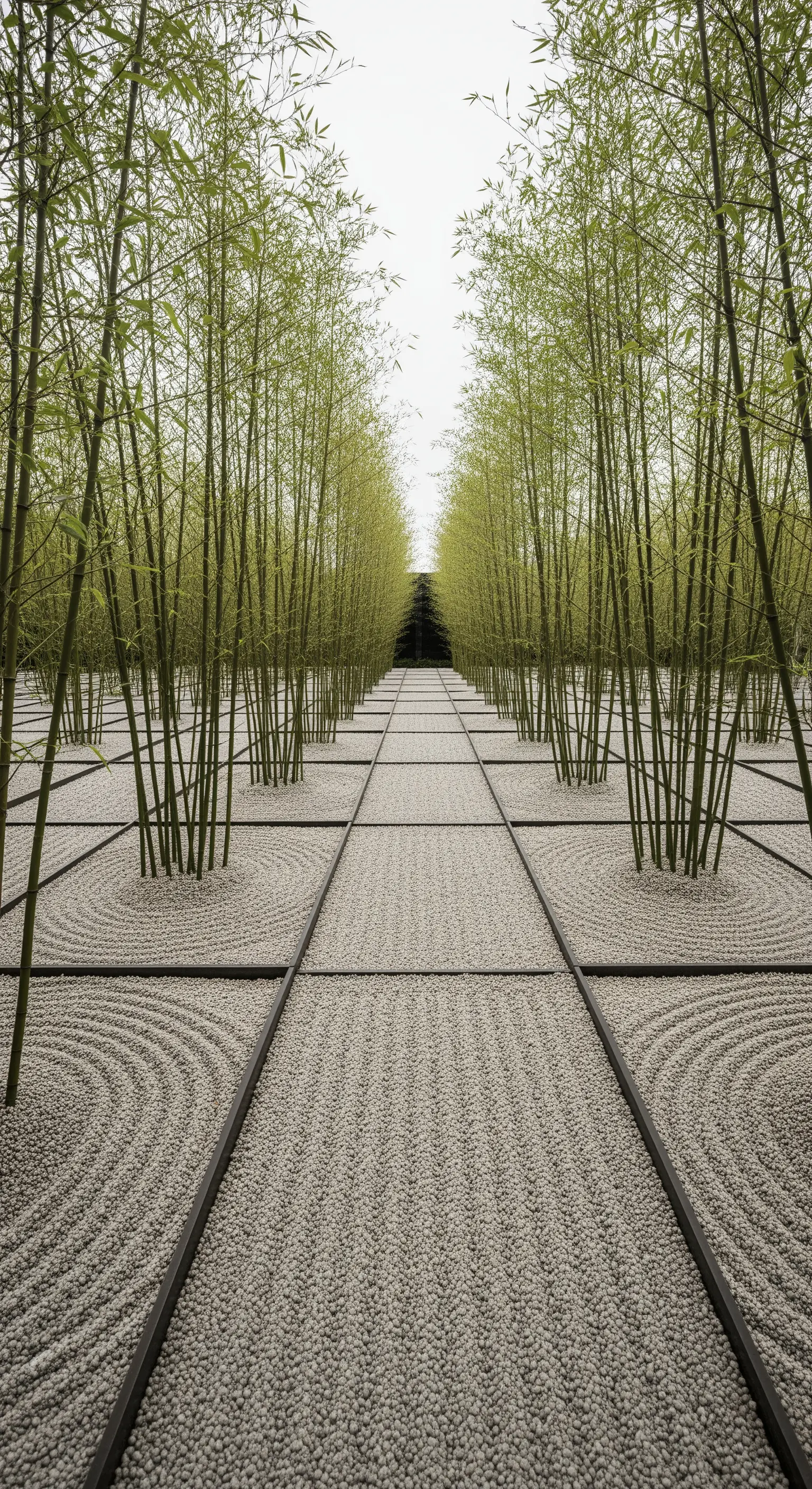 Geometrisch angelegter Kiesgarten mit Bambusgruppen und gerakeltem Kies