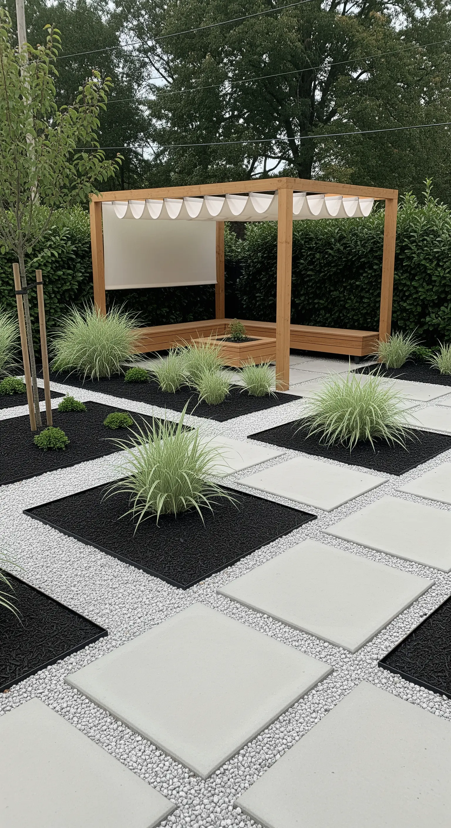 Japandi Garten mit geometrischem Muster aus Betonplatten, Kies und Gräsern, Pergola