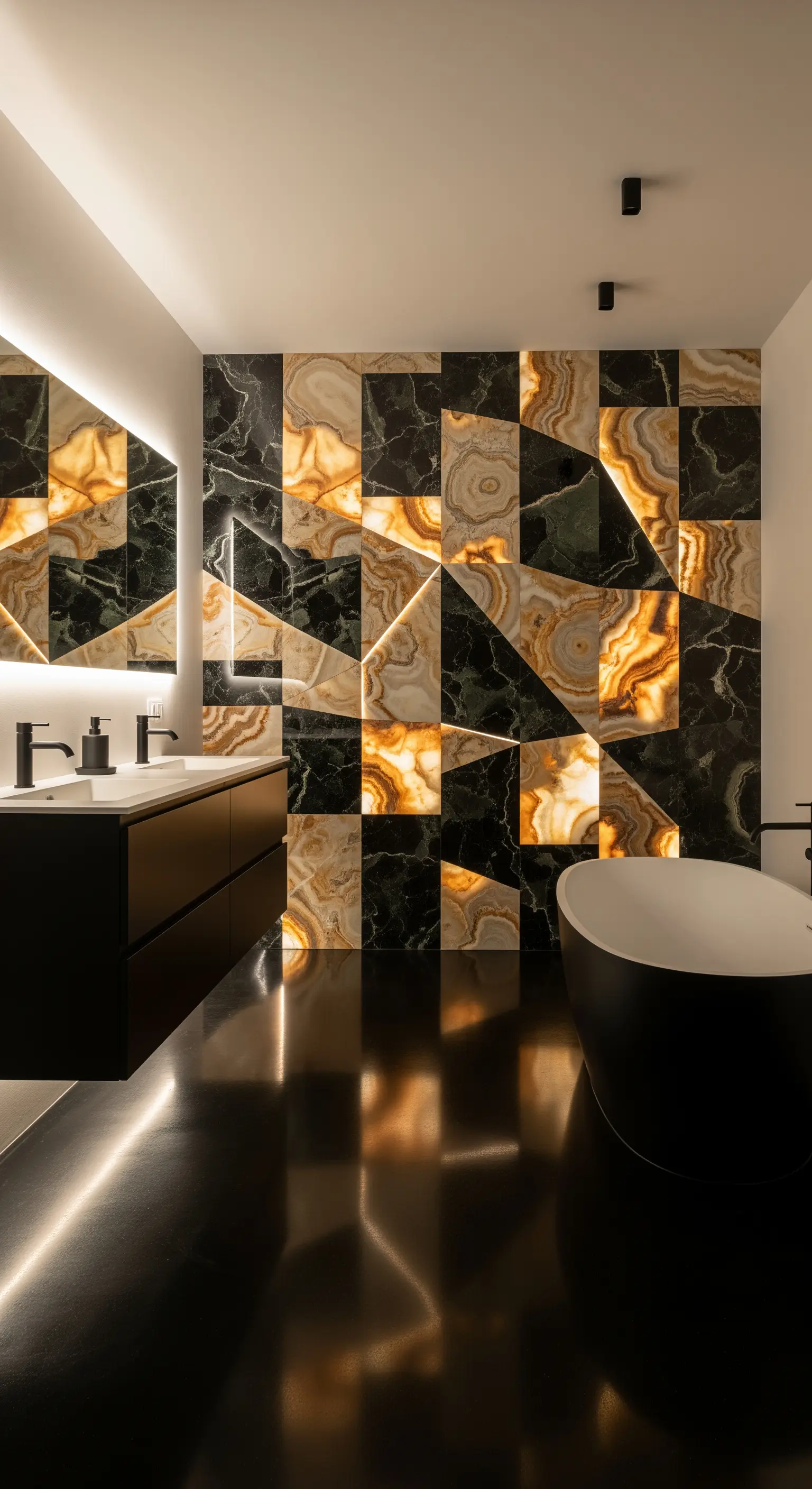 Geometrische Onyx-Wand in Schwarz-Gold, beleuchtet, freistehende Badewanne