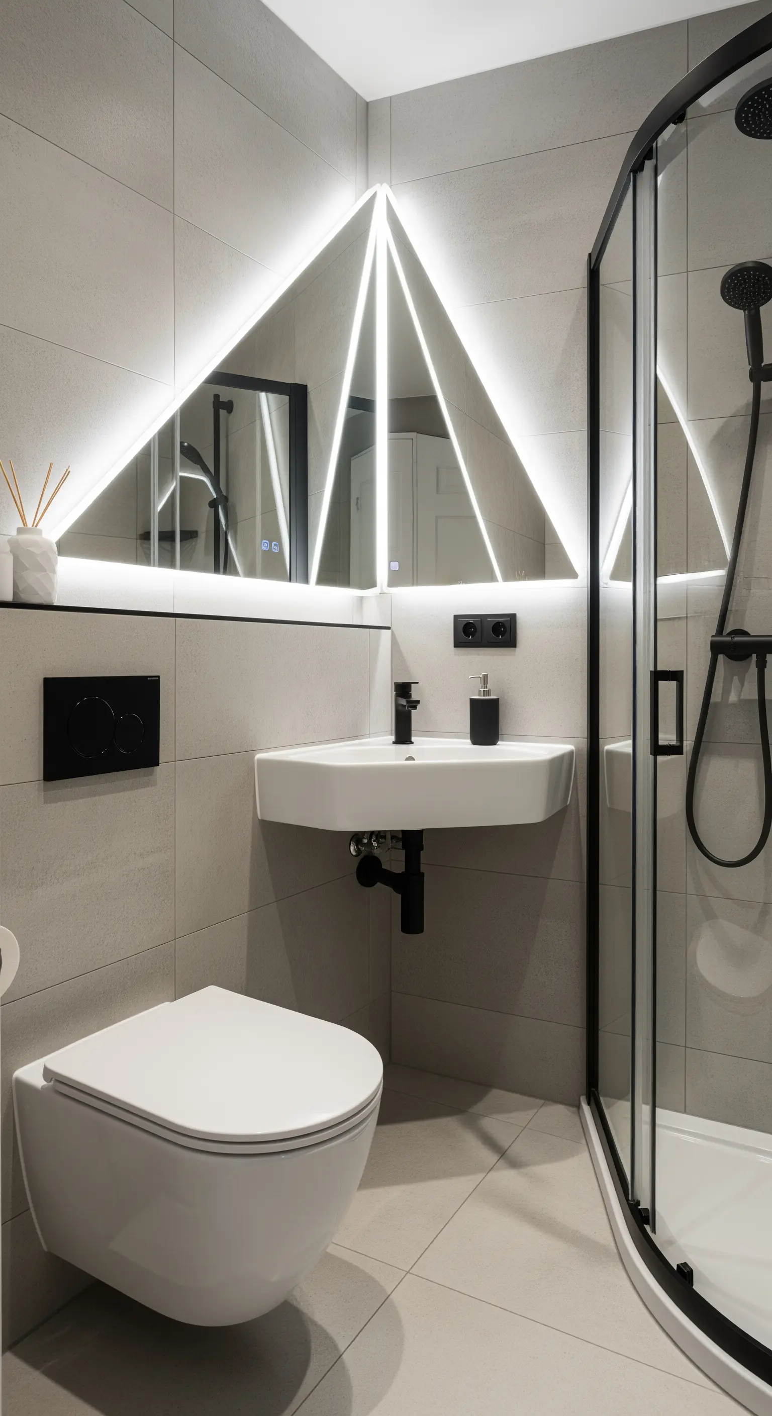 Geometrischer, kristallförmiger LED-Spiegel in einem kompakten, modernen Badezimmer.