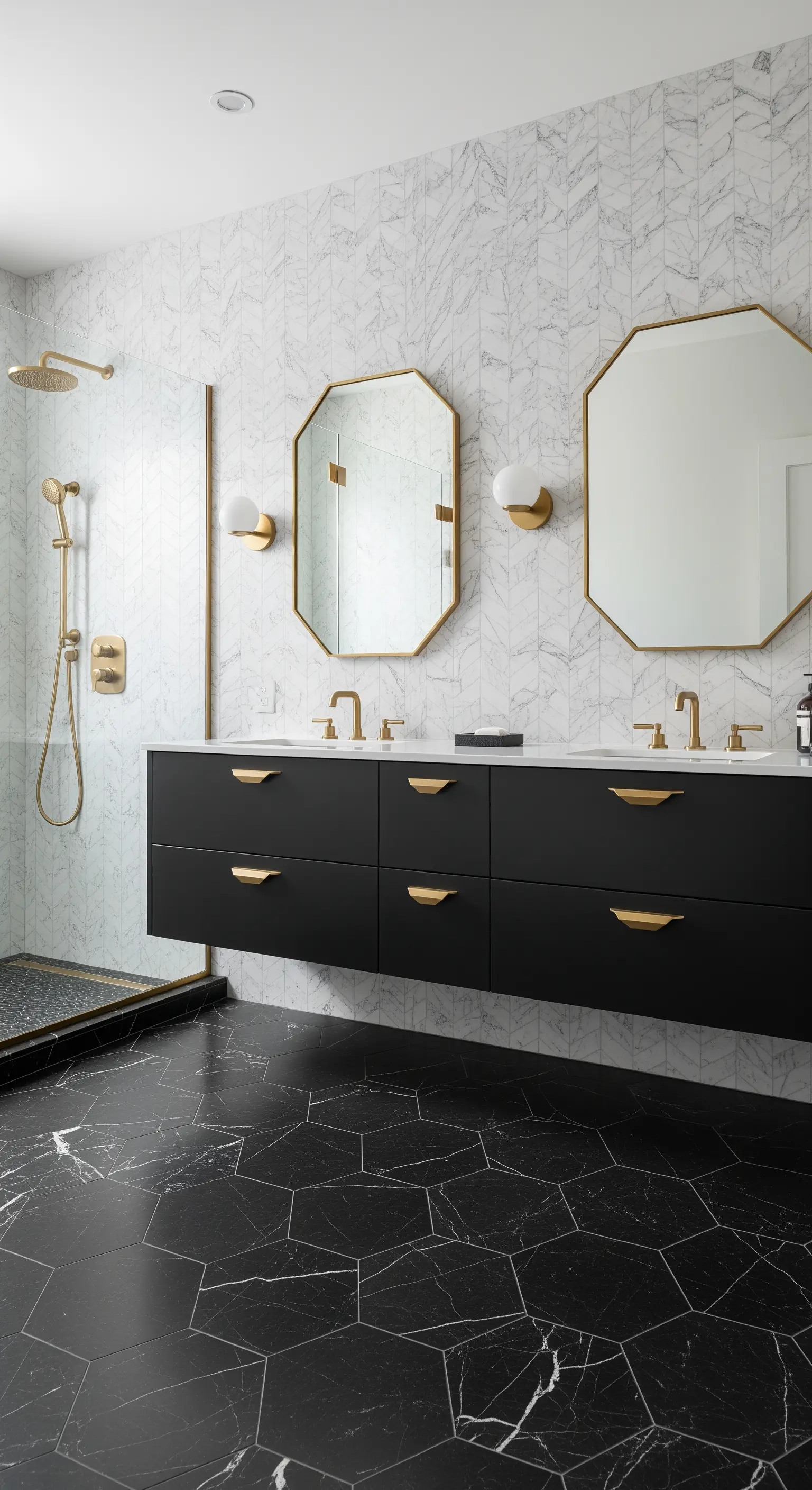 Modernes Bad mit schwarzen Sechseck-Fliesen und achteckigen Spiegeln mit Messingrahmen.