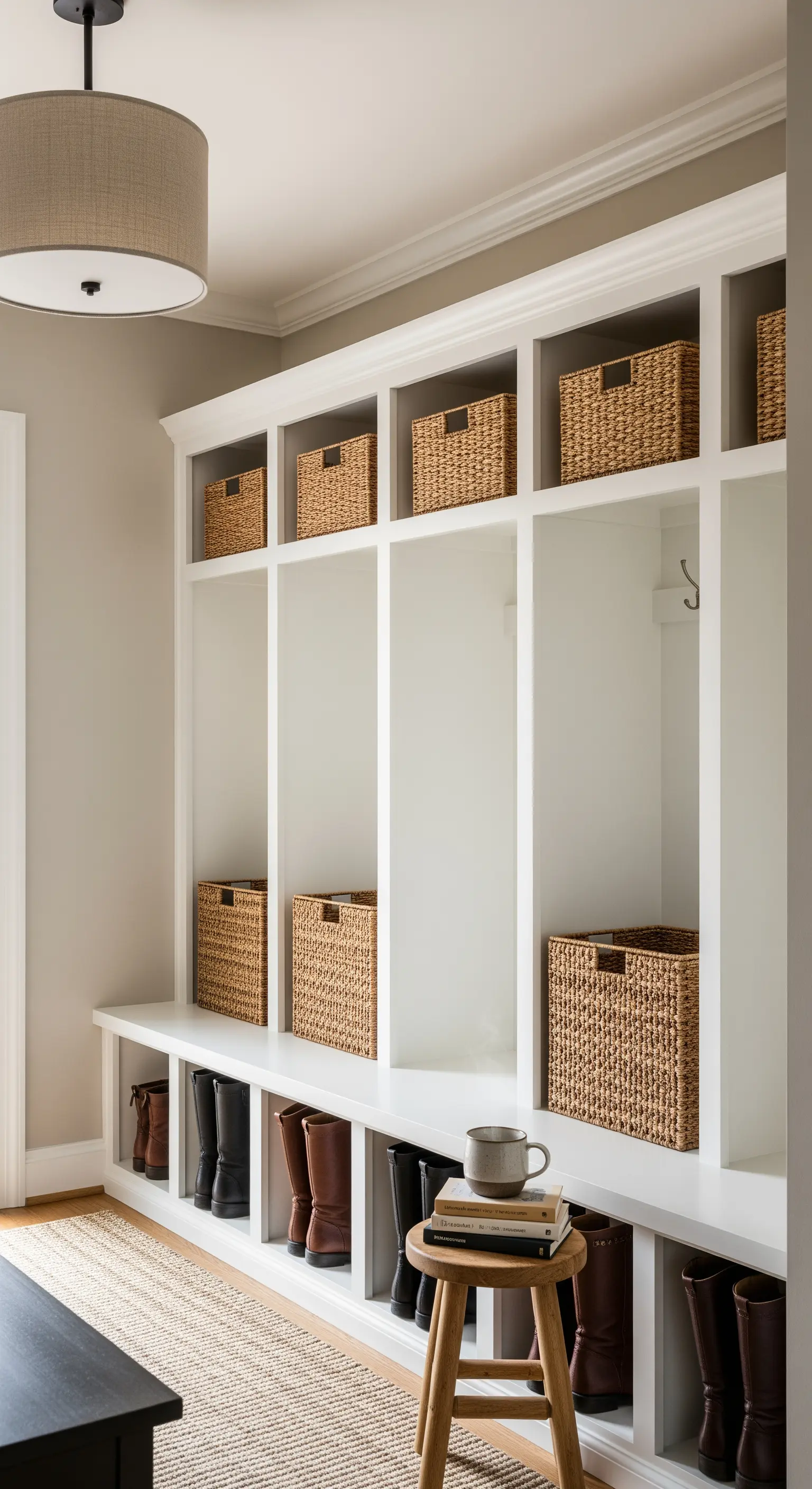 Eingangsbereich mit weißen Einbauschränken, geflochtenen Körben und Holzschemel