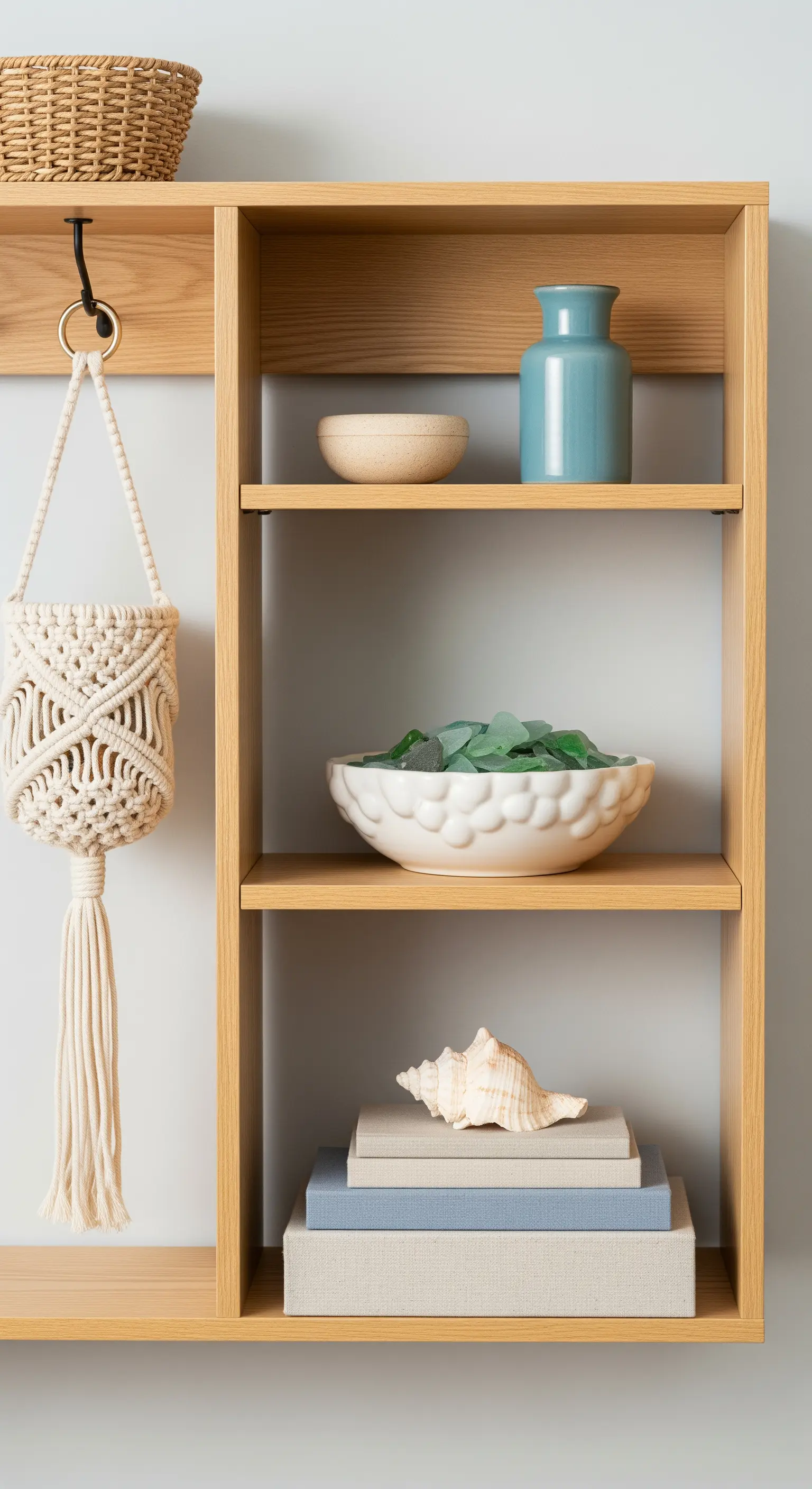 Asymmetrisches Wandregal aus Holz mit Seeglas, Muschel und einem hängenden Makramee-Körbchen.
