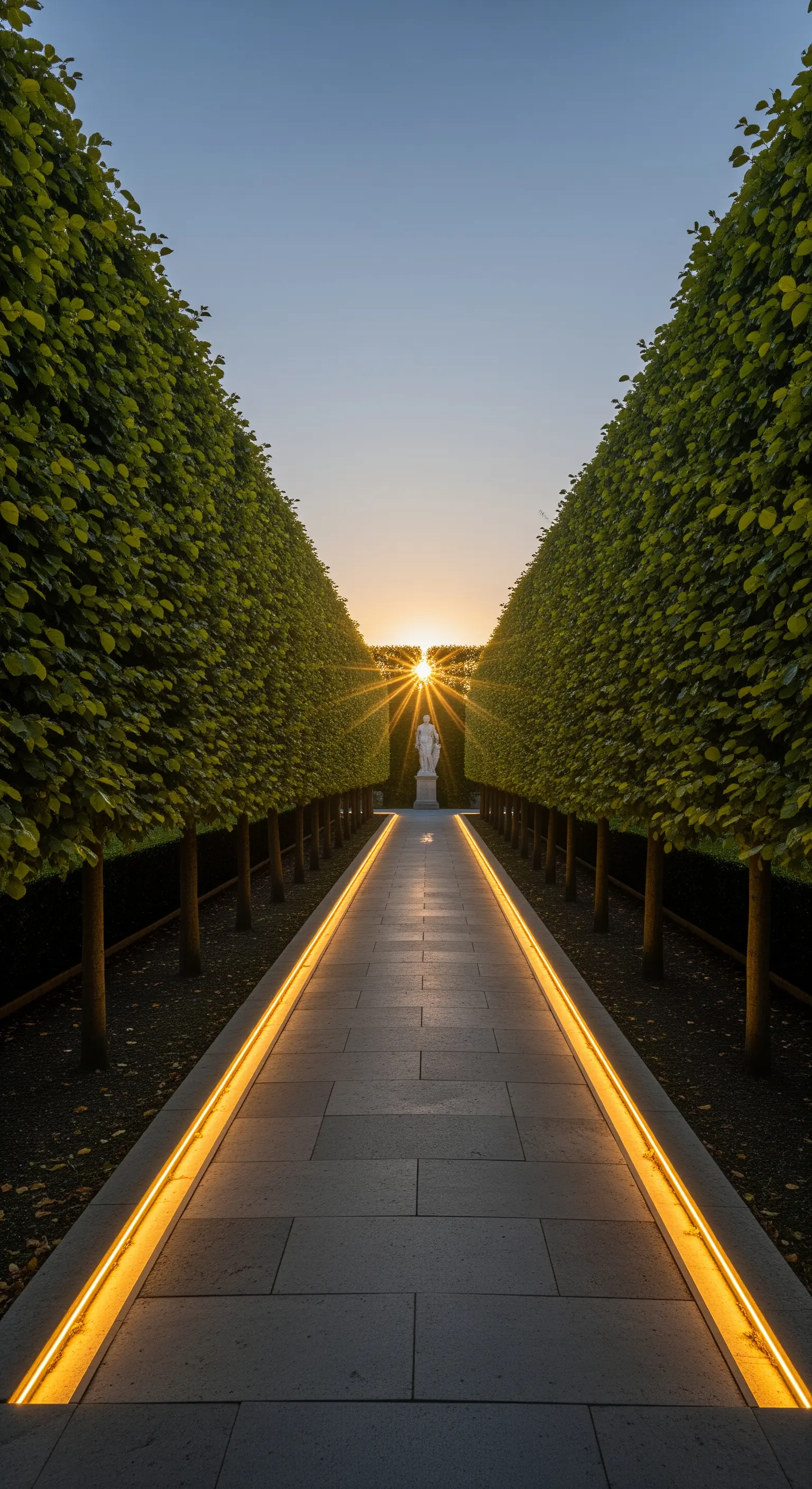 In den Boden eingelassene, durchgehende Lichtbänder entlang eines formellen Gartenwegs.