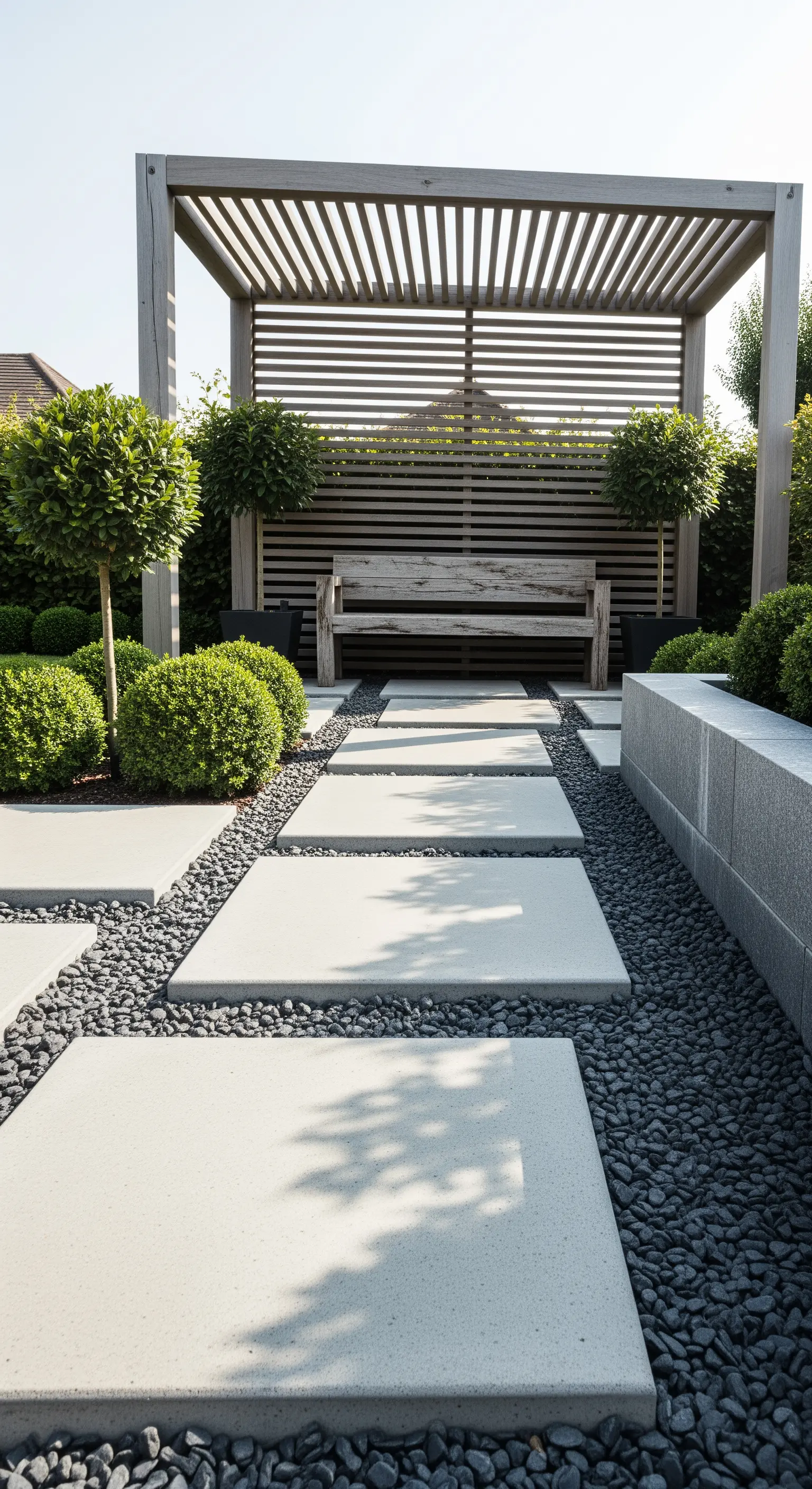 Japandi Weg aus Betonplatten und Kies zu einer Holzpergola mit Bank