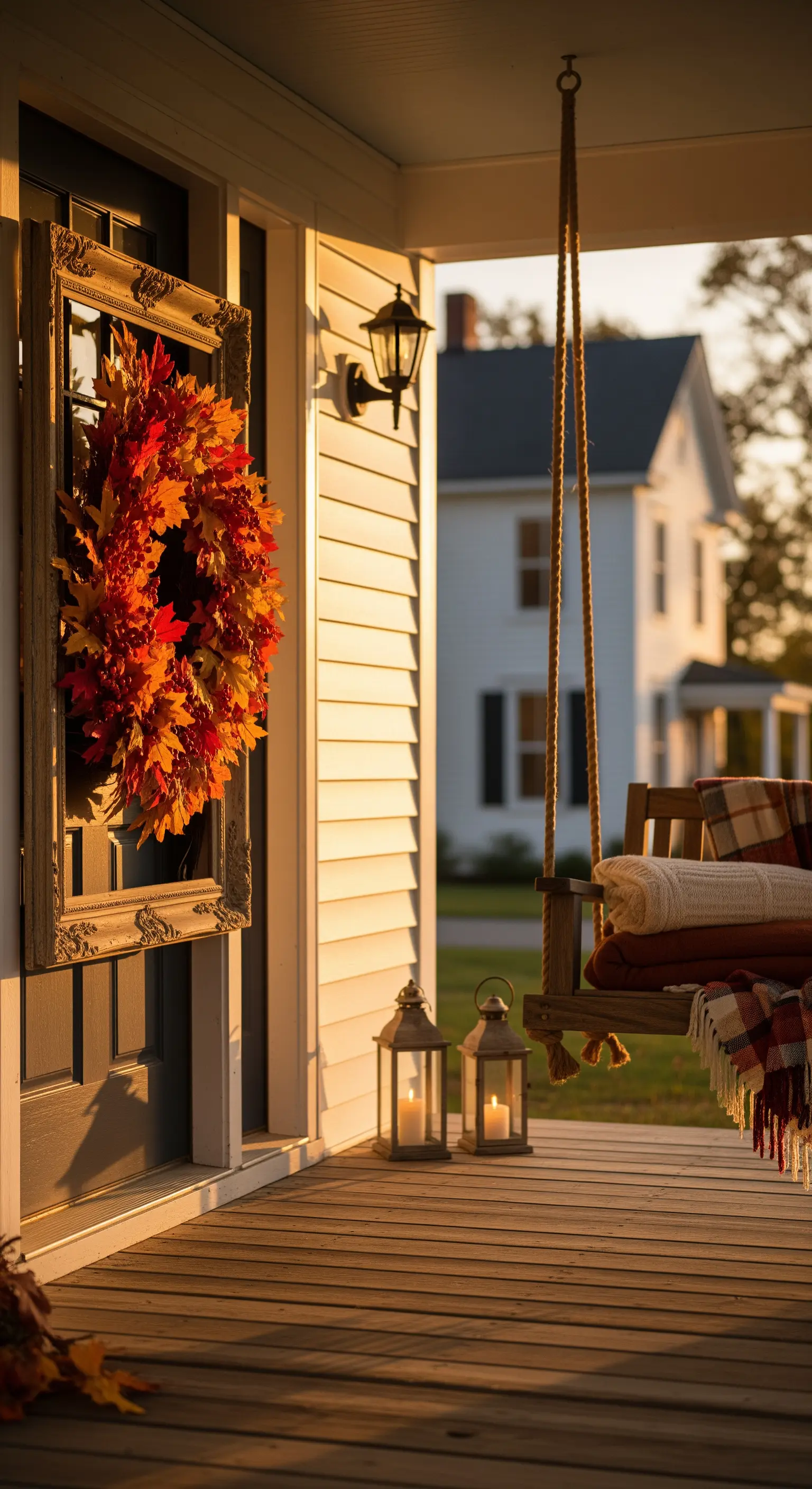 Herbstlaubkranz in Goldrahmen an weißer Verandawand, Laternen und Schaukel