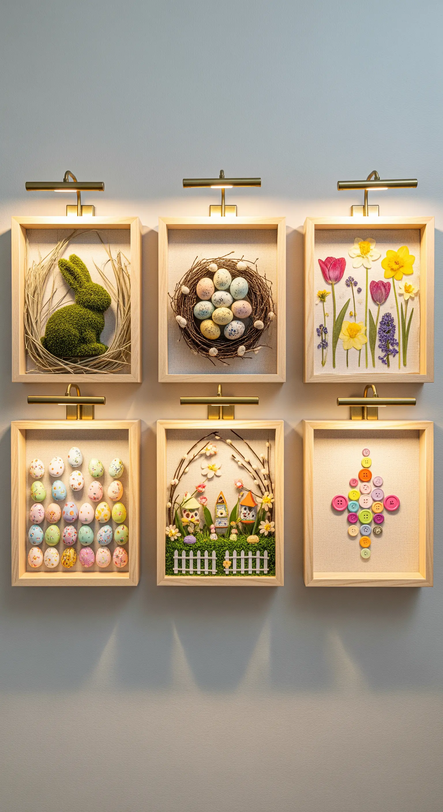 Wandgalerie mit gerahmten Oster-Vignetten: Hasen, Eier, Blumen und Knöpfe