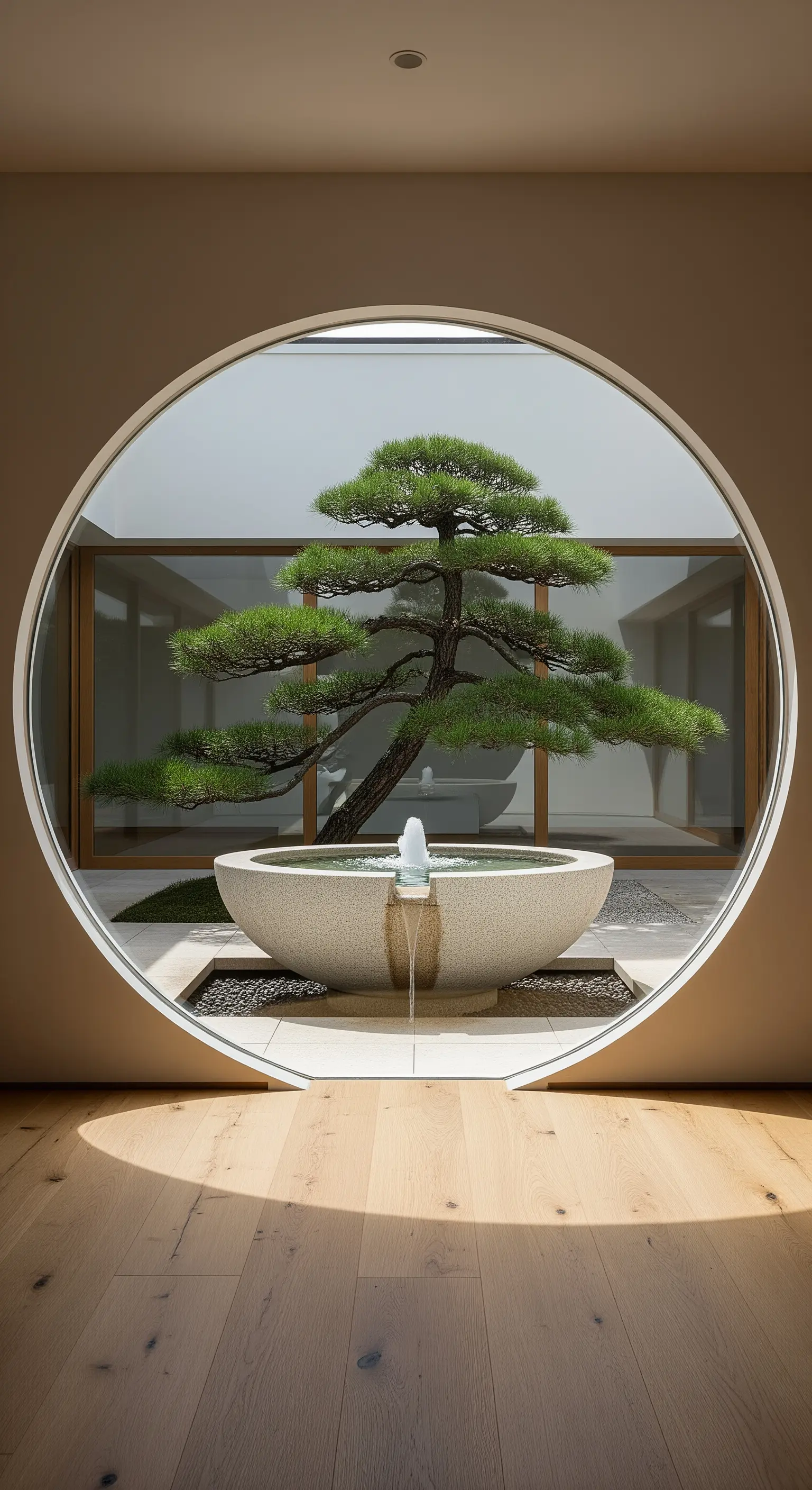 Runder Fensterblick auf Japandi Garten mit Bonsai und Wasserbrunnen