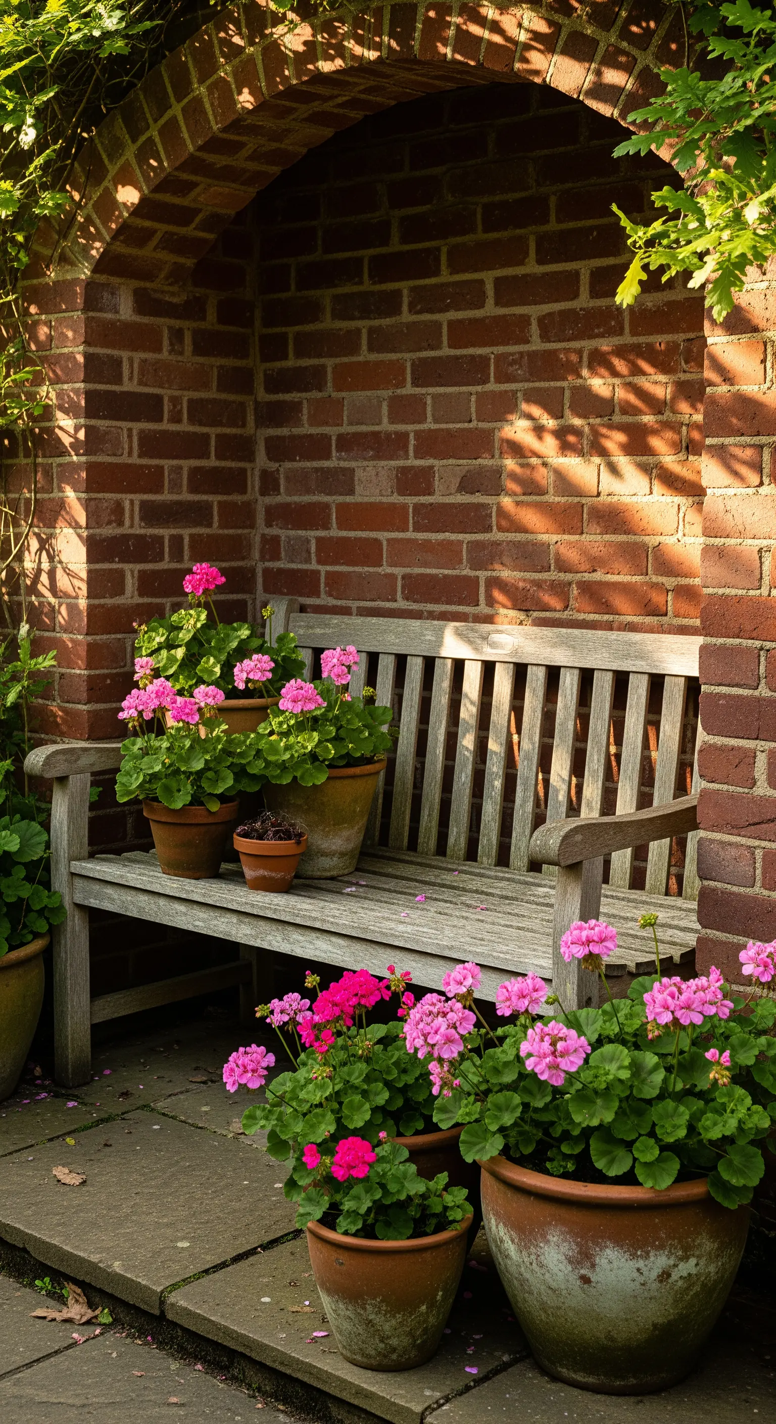 Rustikale Holzbank in Ziegelnische mit rosa Geranien in Terrakotta-Töpfen