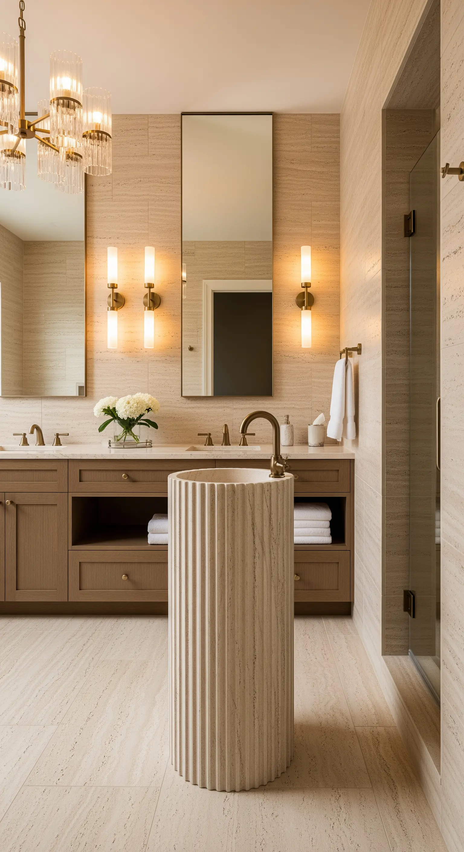 Freistehendes, zylindrisches Waschbecken aus geriffeltem beigem Stein.