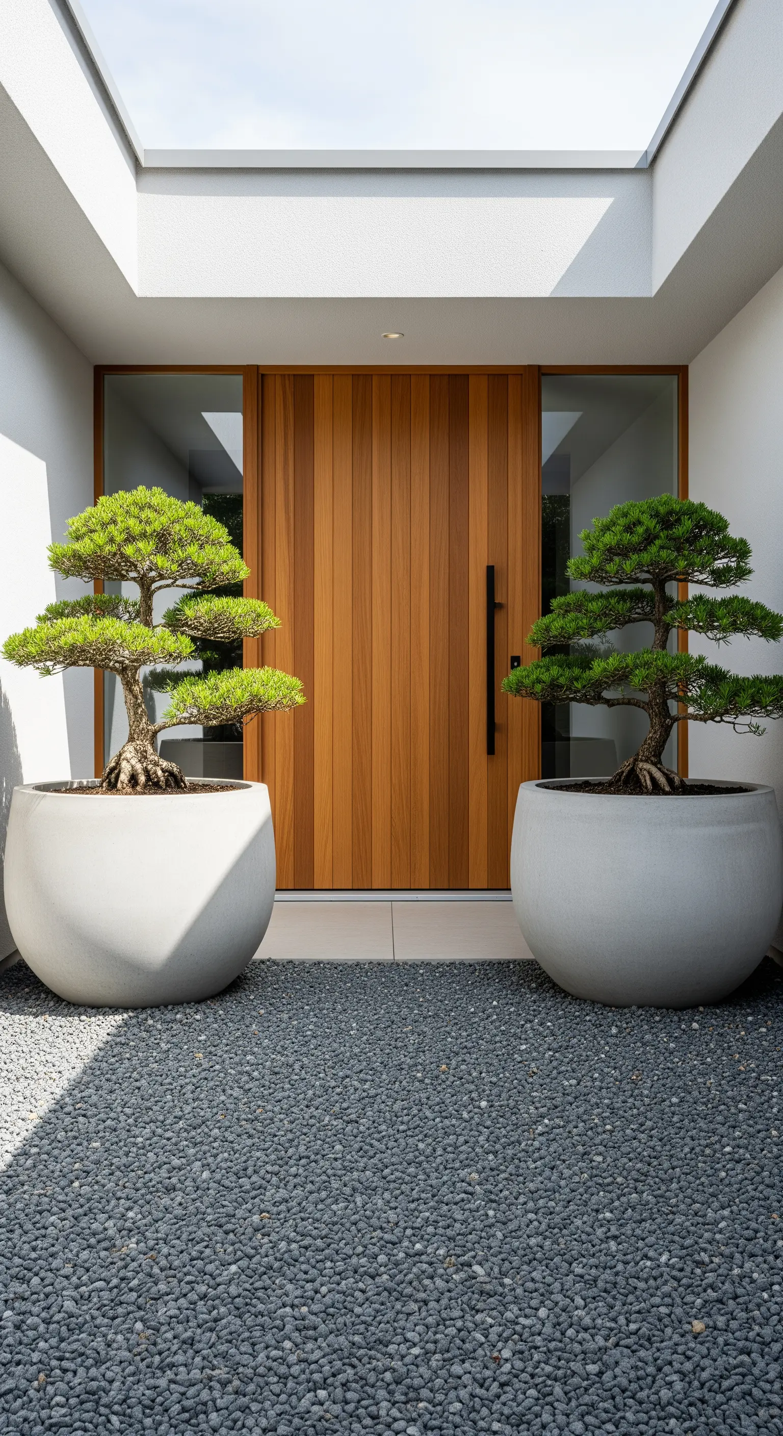 Zwei große, gerundete Pflanzgefäße mit Bonsai-Bäumen flankieren einen Hauseingang