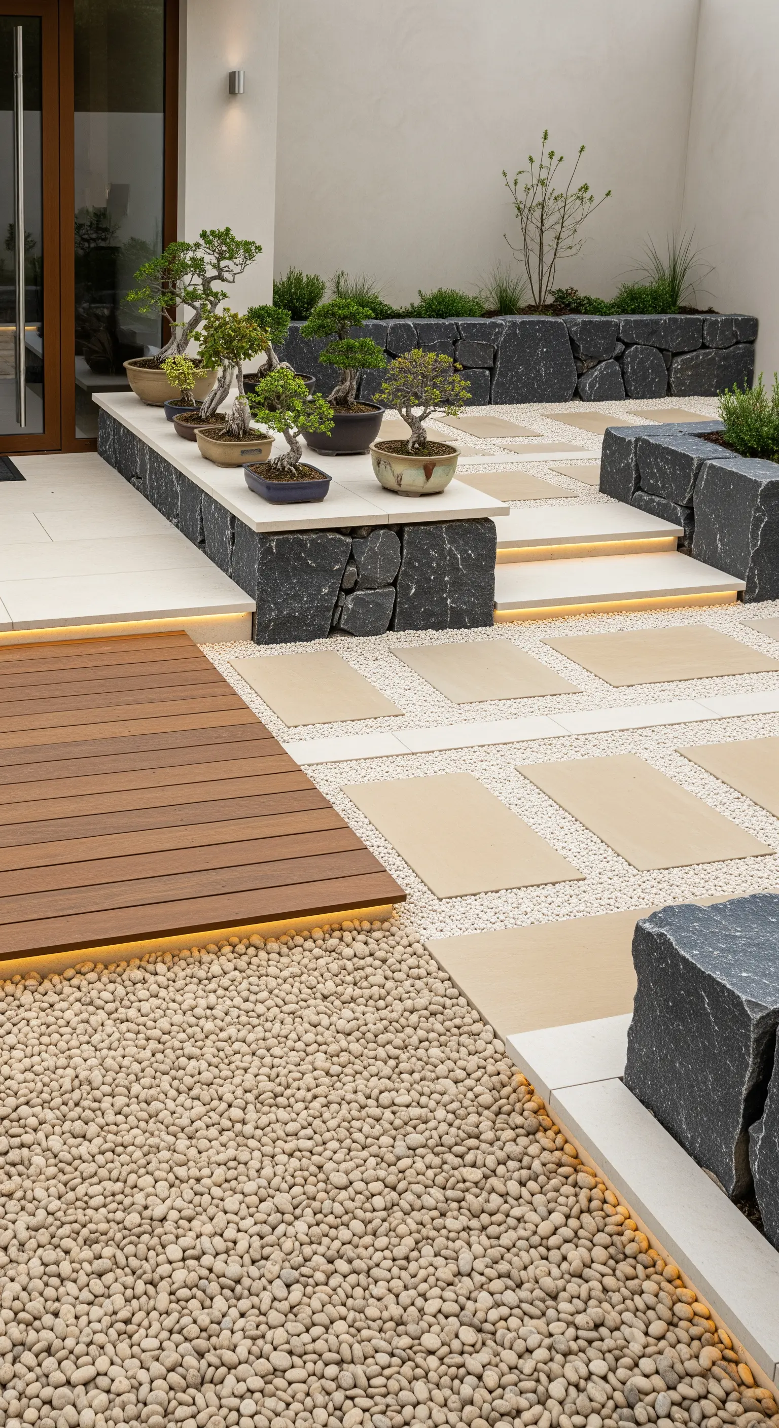 Eingangsbereich mit geschichteten Ebenen aus Stein, Holz, Kies und Bonsai-Sammlung