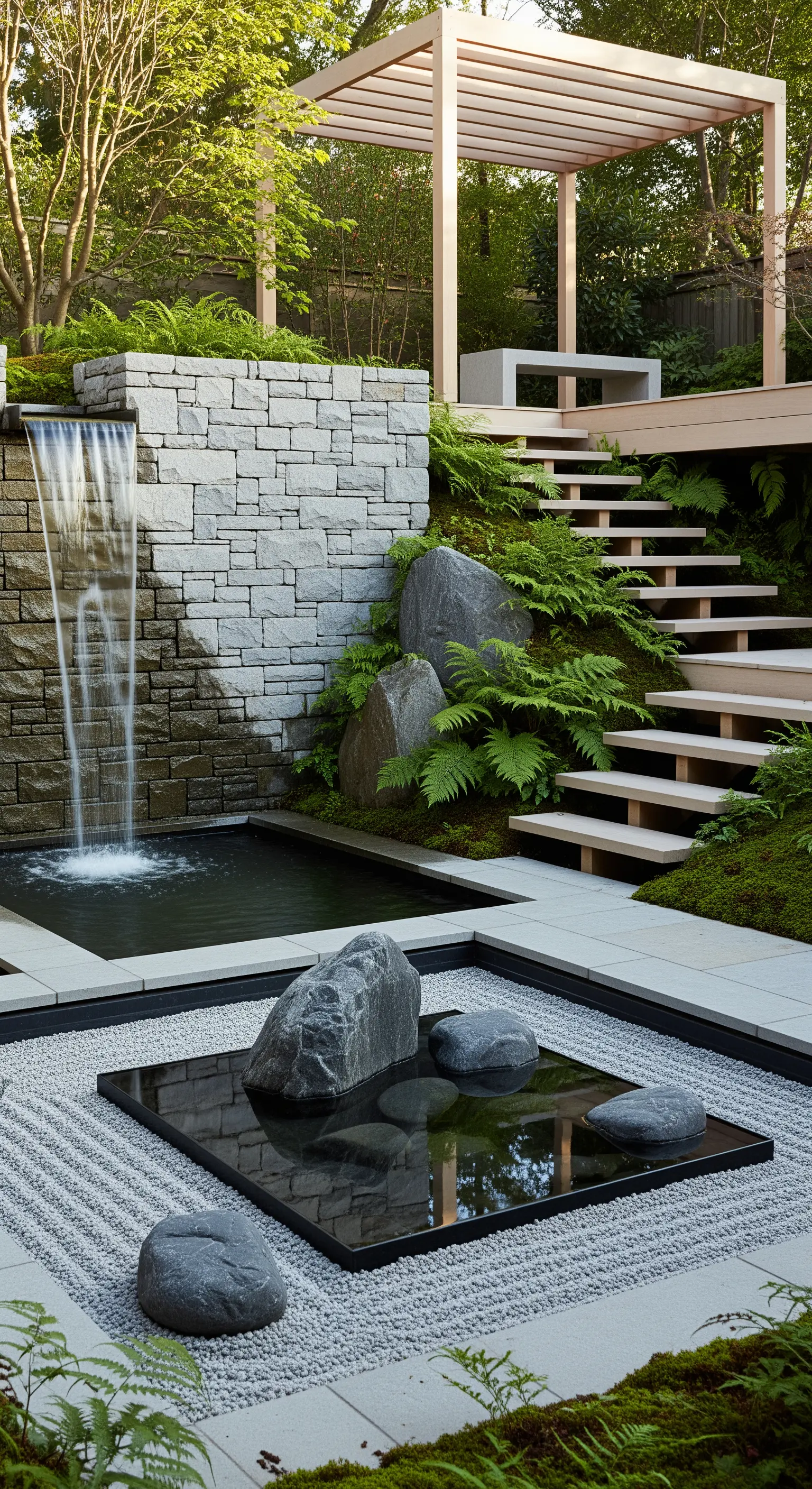 Gestufter Japandi Garten mit Wasserfall, Steinmauern und Holztreppen