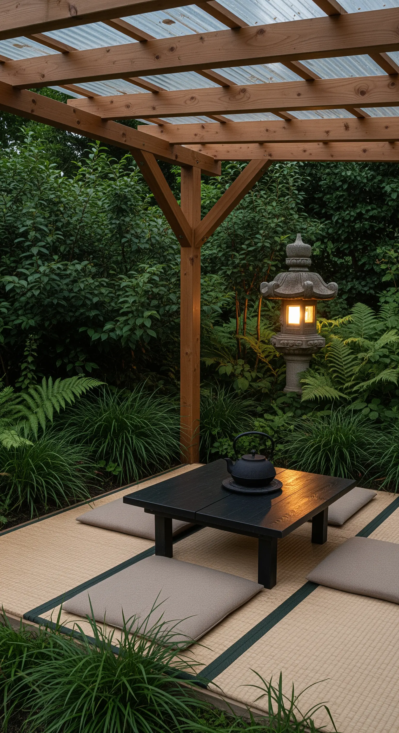 Überdachte japanische Teeecke mit Tatami-Matten, Steinlaterne und üppigem Grün