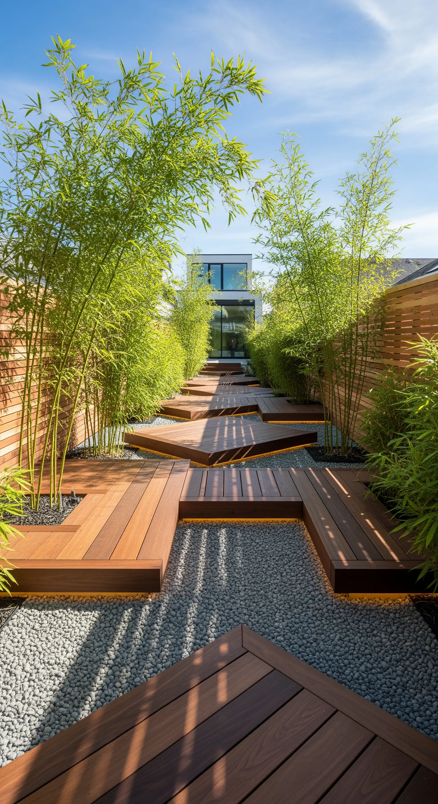 Geschwungene Holzstege mit indirekter Beleuchtung und dunklem Kies, umgeben von Bambus