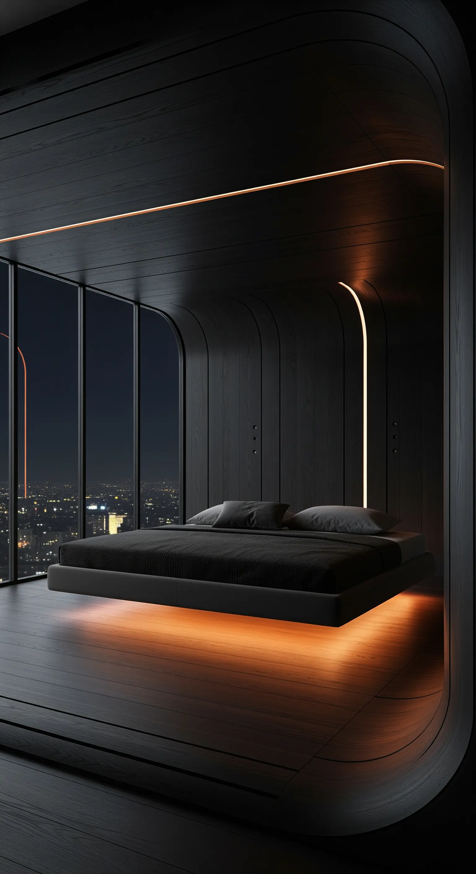 Geschwungene Holzverkleidung, integrierte LEDs, schwebendes Bett
