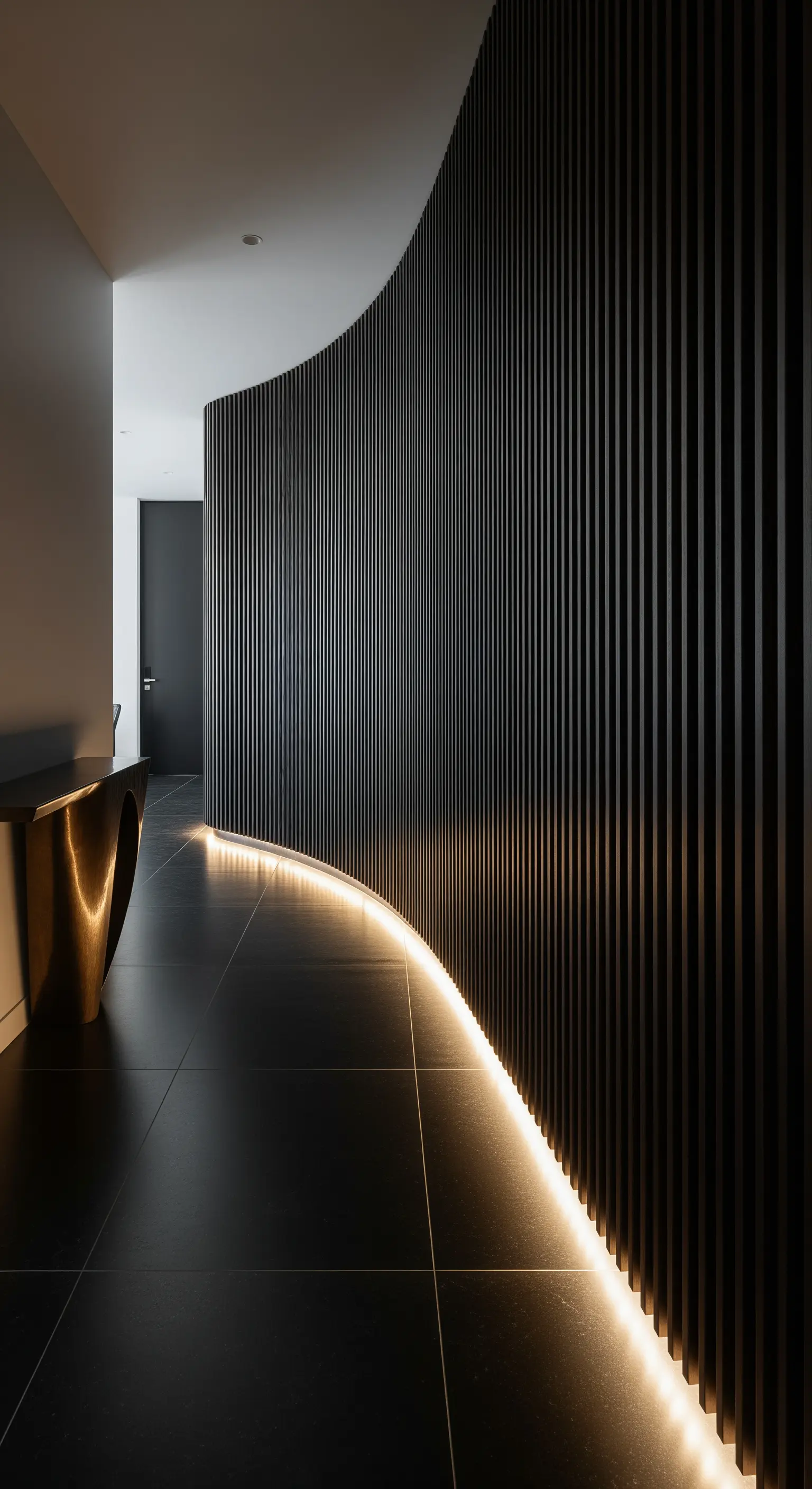 Geschwungene Lamellenwand in einem Flur mit bodennaher, warmer Beleuchtung.