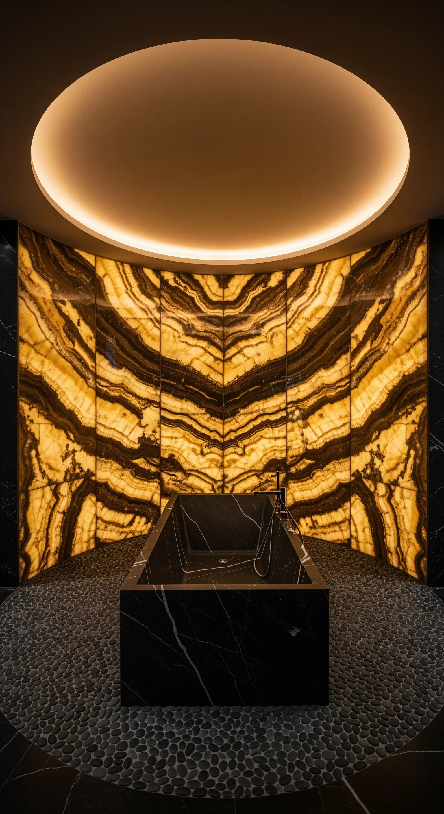 Geschwungene Onyx-Wand, runder Deckenlichtkranz, schwarze Badewanne