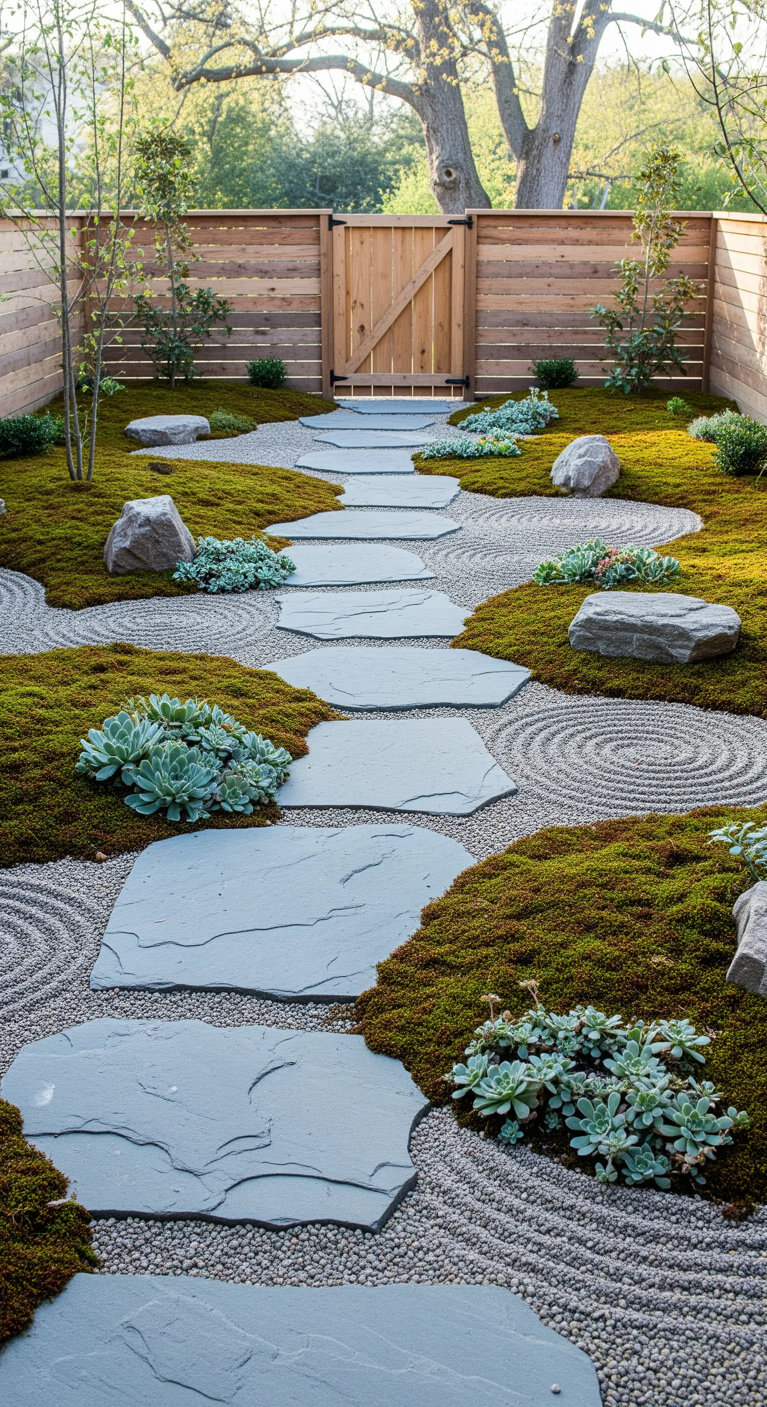 Japandi Garten mit geschwungenen Steinpfaden, Kies, Moos und Sukkulenten