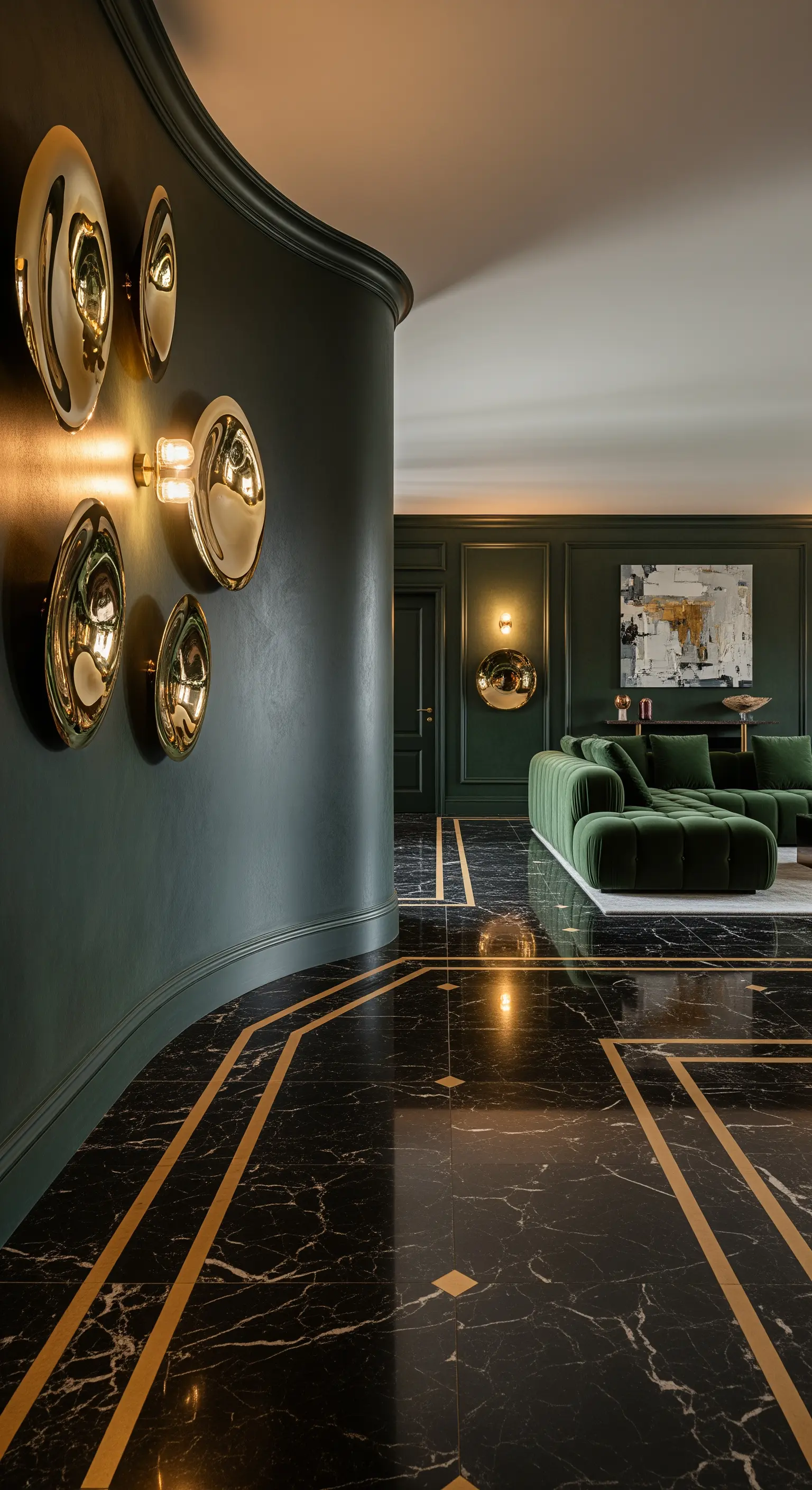 Geschwungene grüne Wand, schwarzer Marmorboden mit Goldintarsien, goldene Wandleuchten