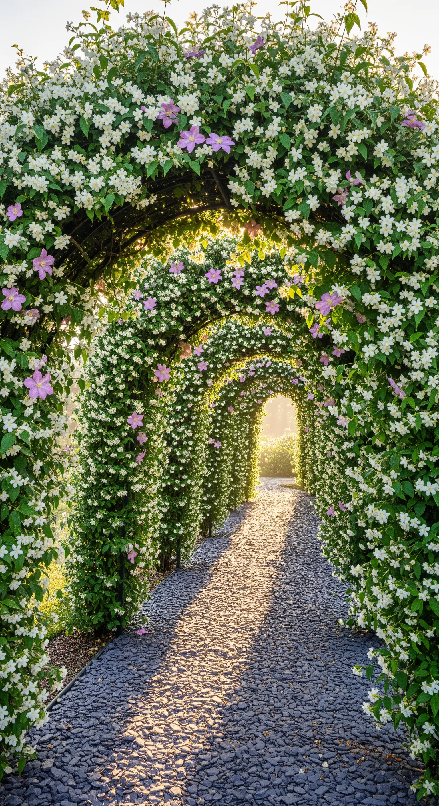 Geschwungener Tunnelweg, dicht bewachsen mit weißen und rosa Blüten