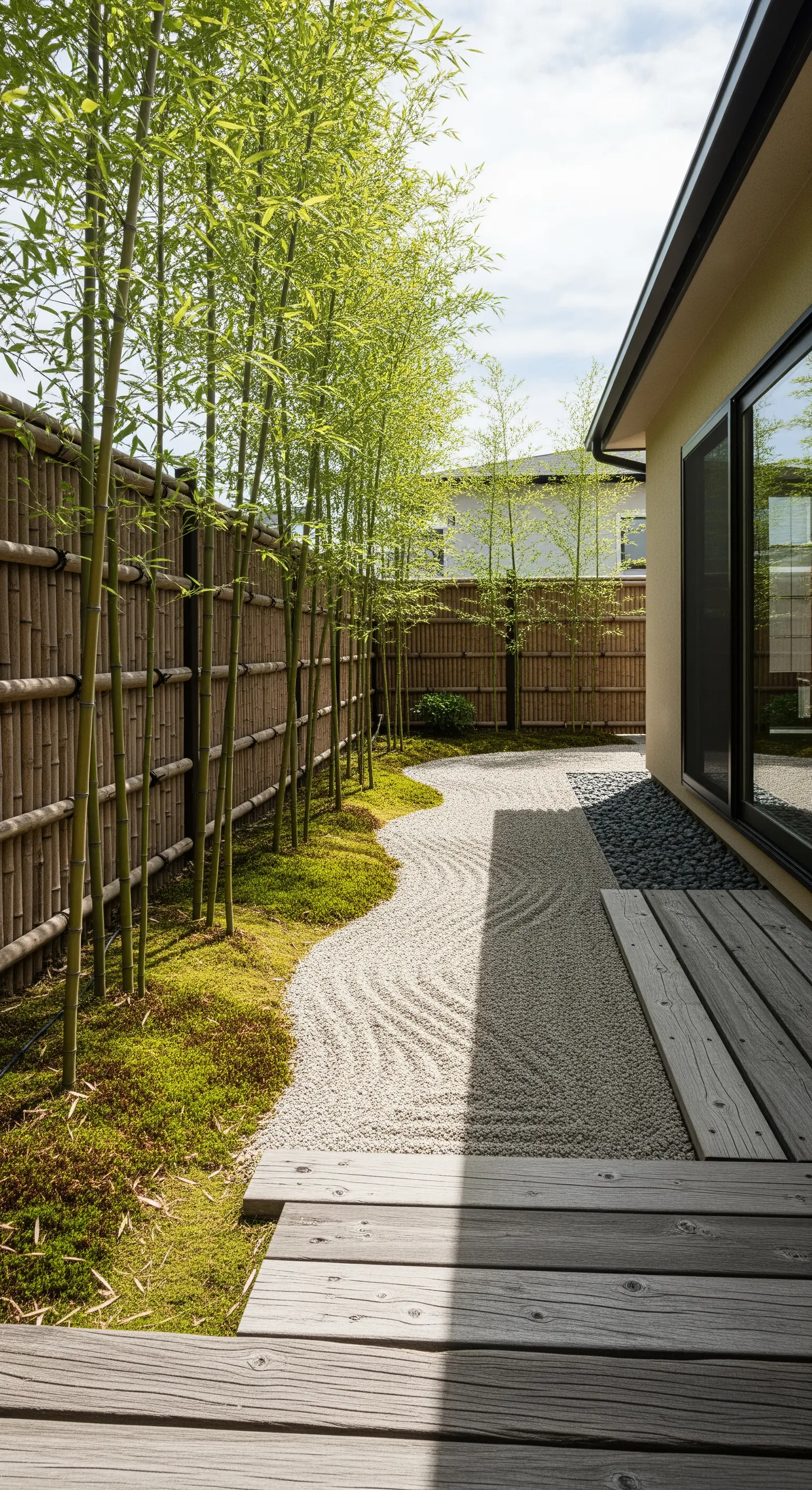 Geschwungener Kiesweg mit Moos, Trittsteinen und Bambuszaun