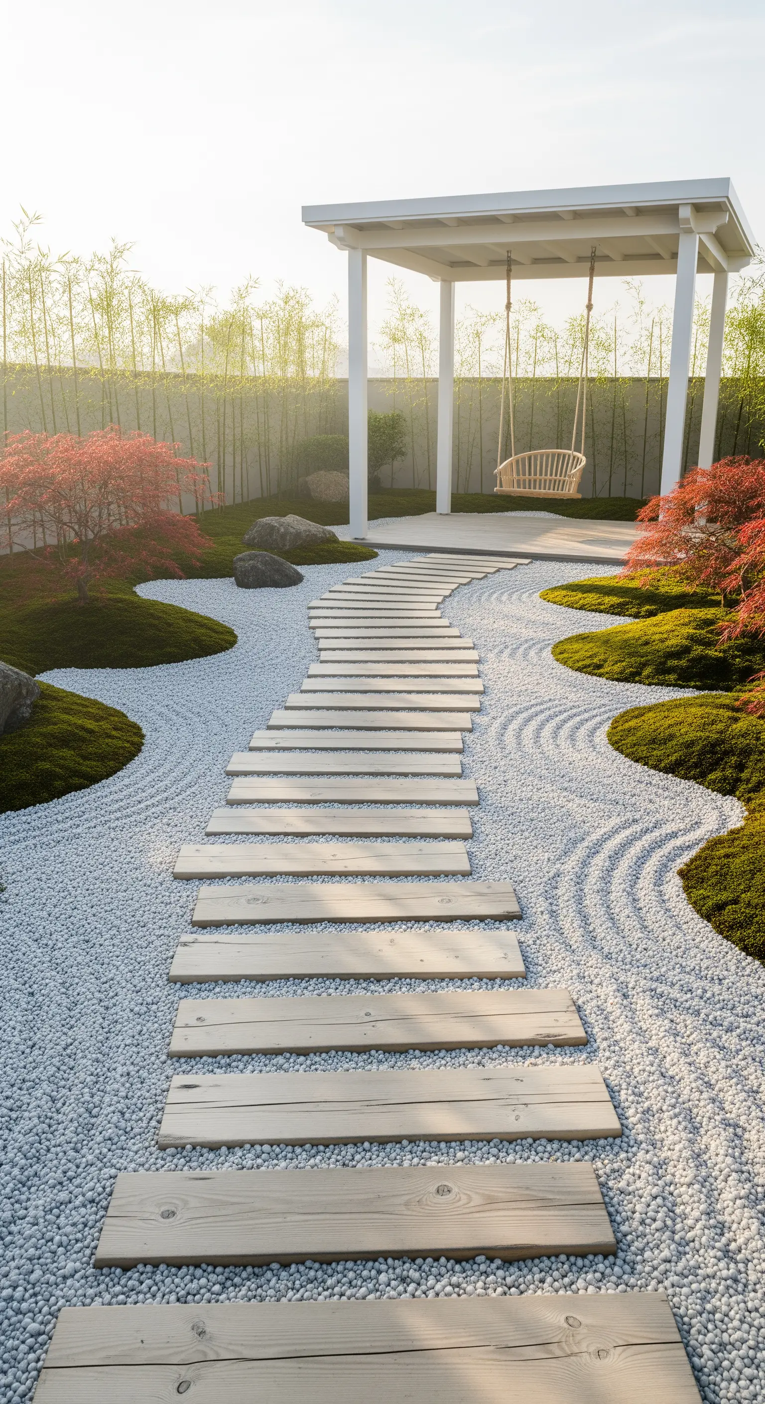 Zen-Garten mit geschwungenem Kiesweg, Holzstufen, Ahornbäumen und Schaukel.