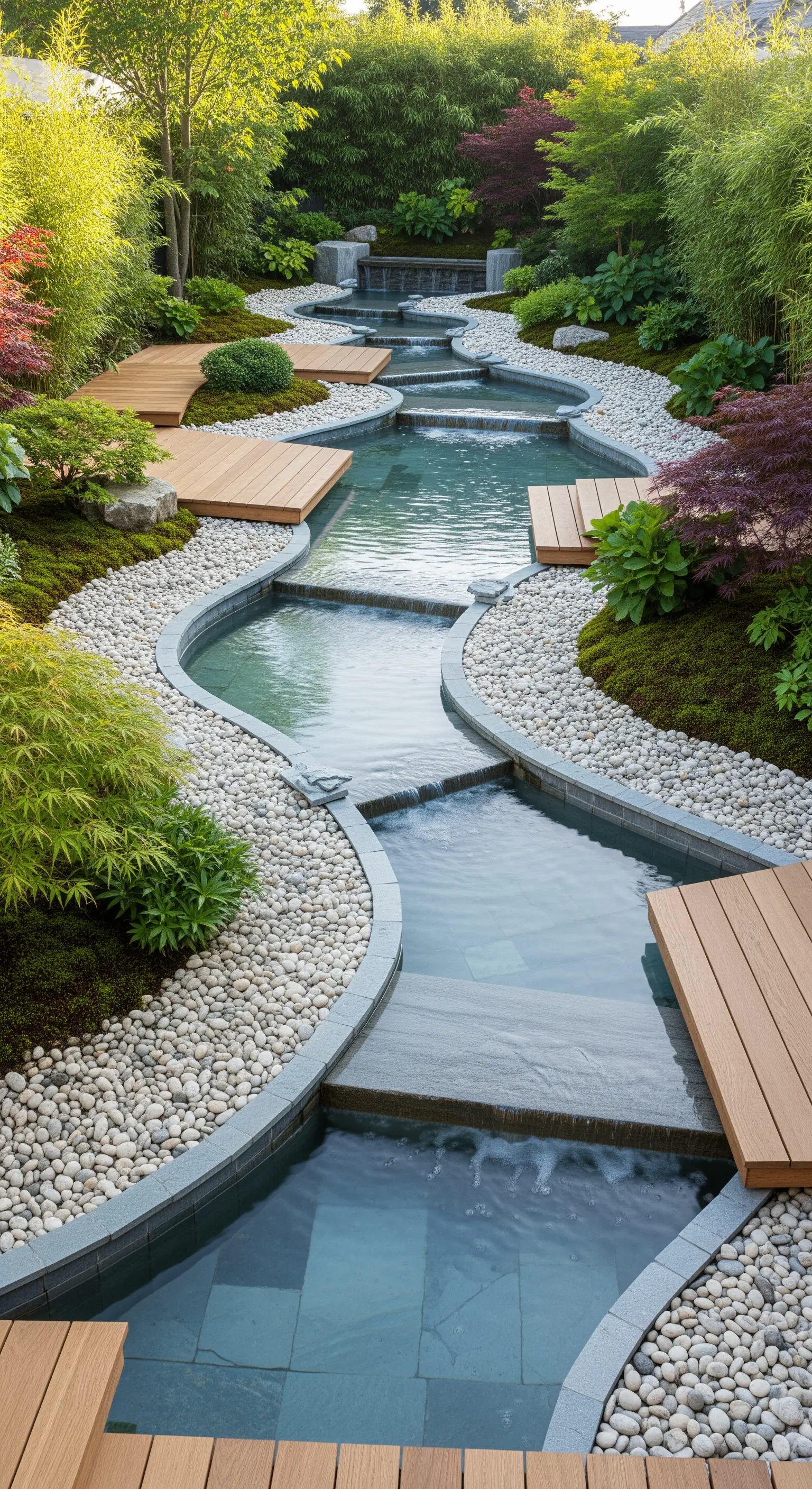 Geschwungener Wasserlauf mit Holzstegen, Kieselsteinen und üppiger Bepflanzung