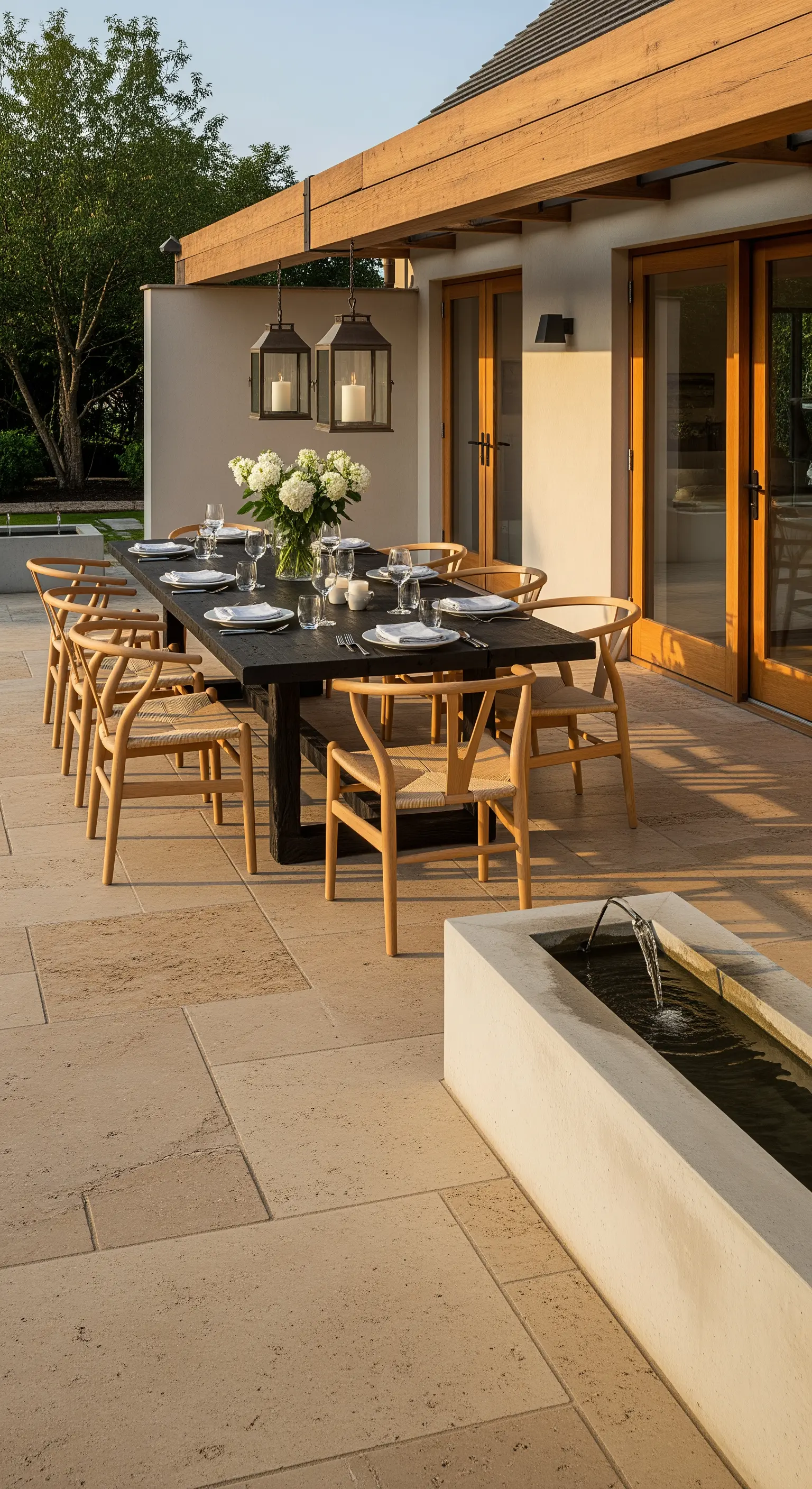 Japandi-Essbereich im Freien mit dunklem Tisch, hellen Holzstühlen und einem Beton-Wasserbecken.