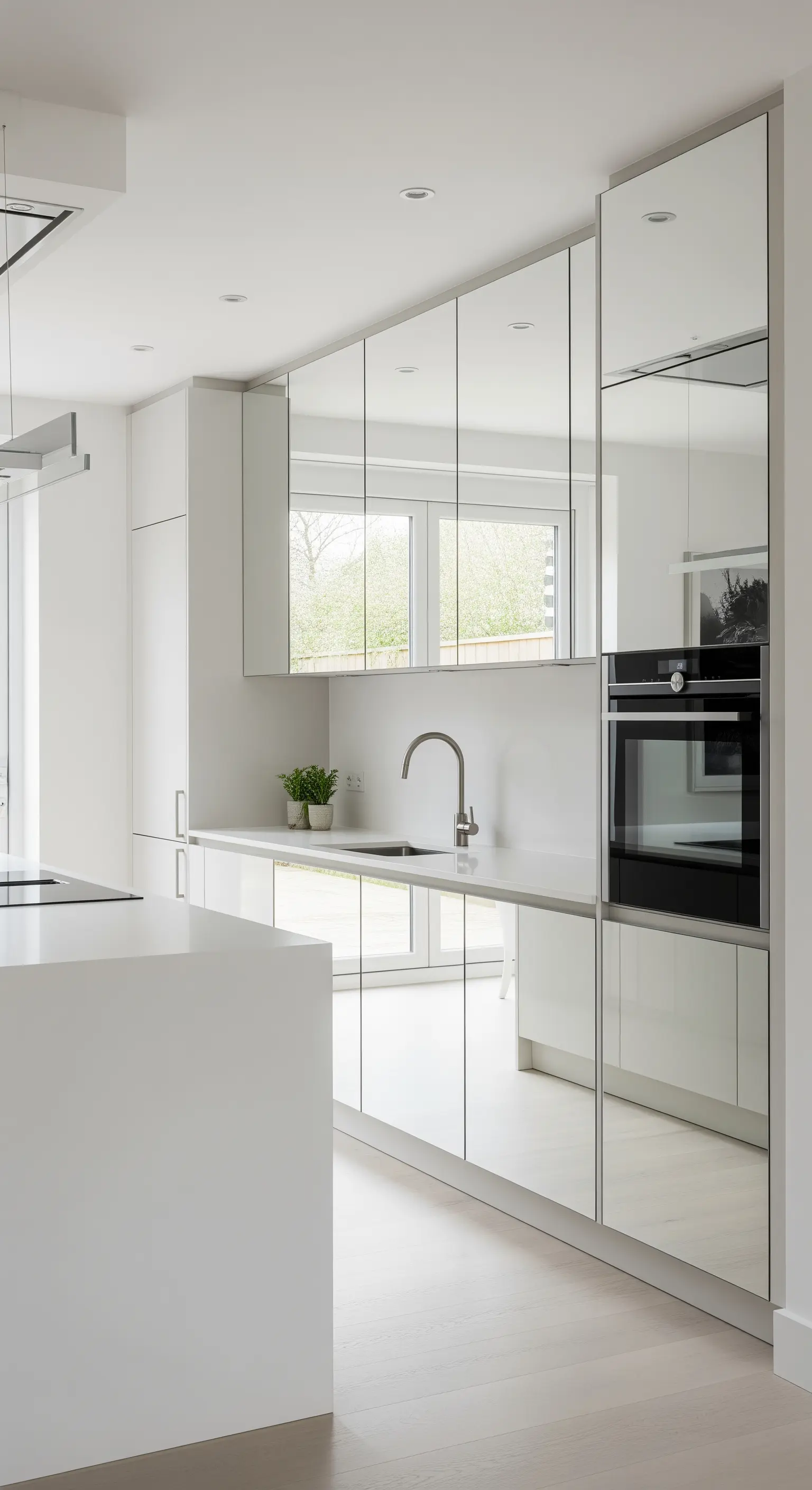 Moderne weiße Küche mit raumhohen, verspiegelten Schrankfronten