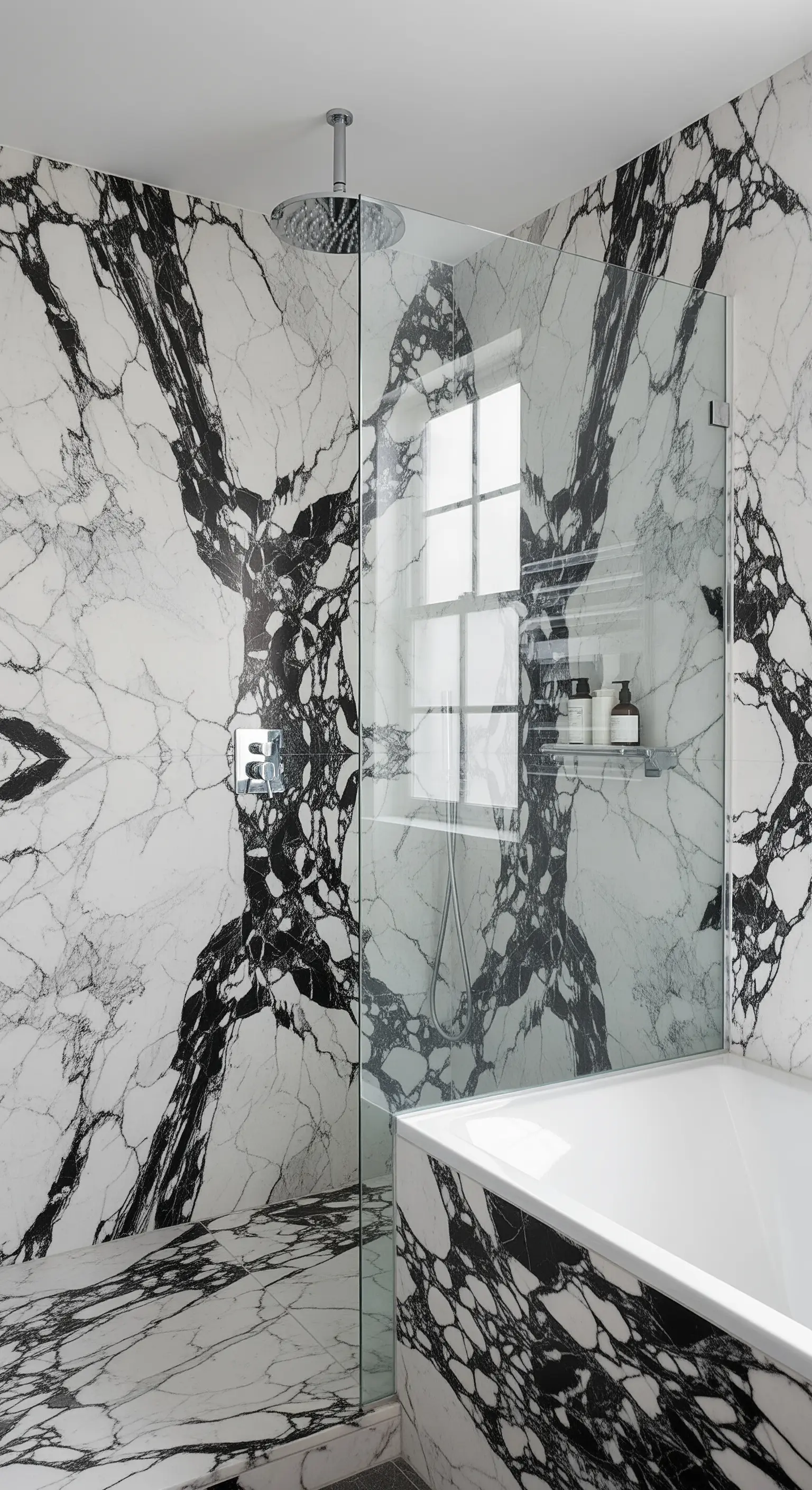 Duschbereich mit einer dramatischen Wand aus spiegelbildlich angeordnetem (bookmatched) Marmor