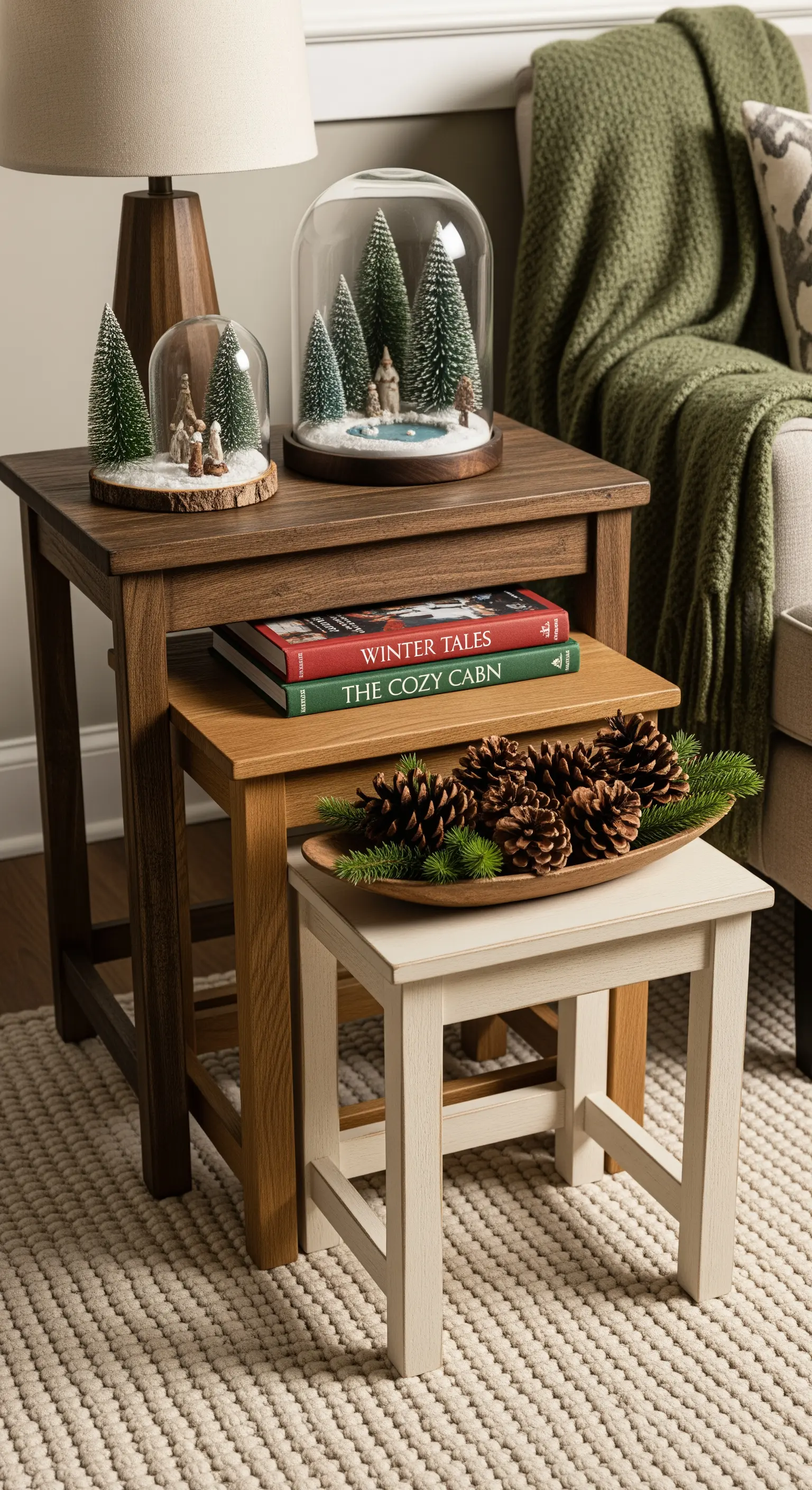 Gestaffelte Beistelltische mit Miniatur-Winterlandschaften, Büchern und Tannenzapfen.