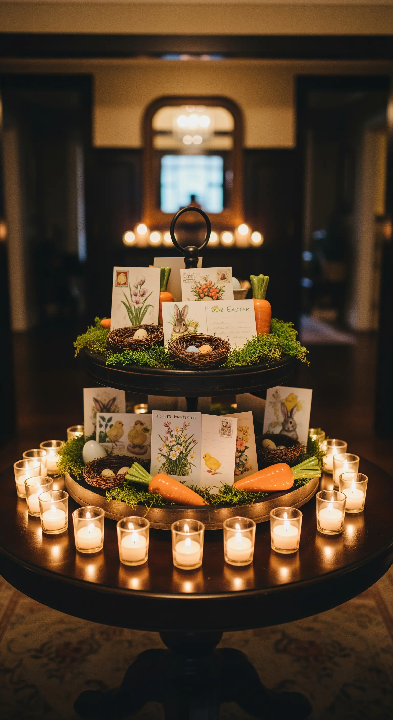 Etagere mit Osterkarten, Eiern, Karotten und Teelichtern auf dunklem Tisch