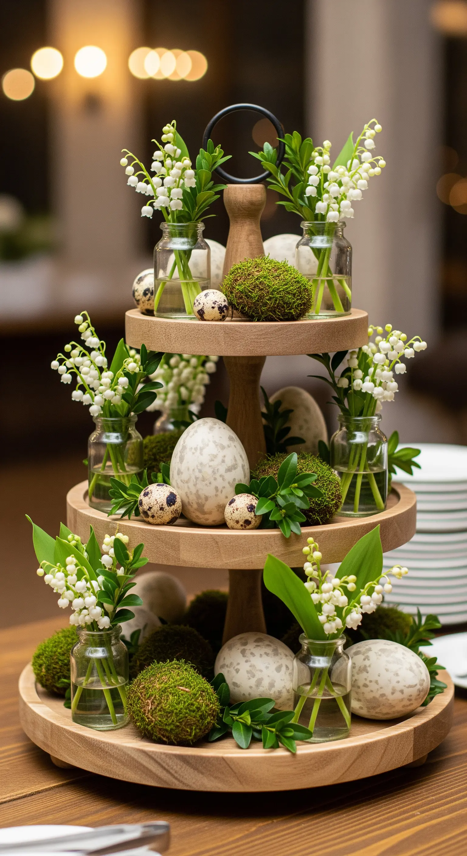 Holz-Etagere mit Maiglöckchen, Mooskugeln und Wachteleiern
