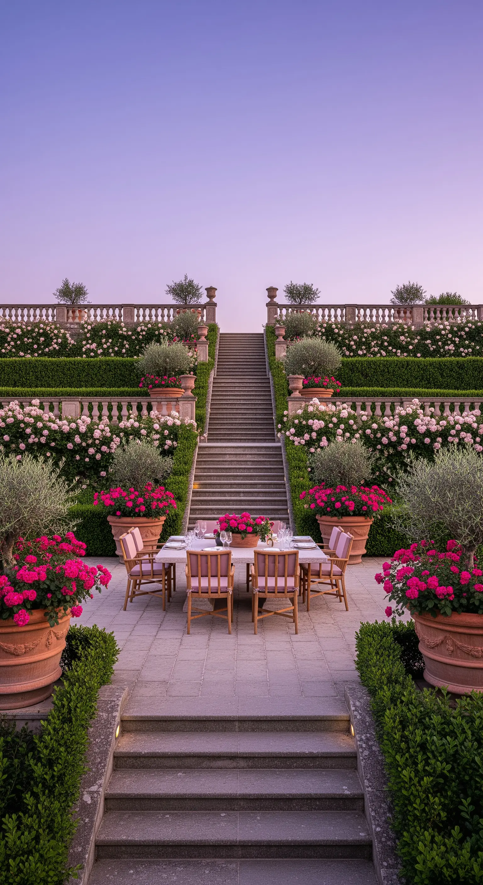 Gestaffelter Garten mit Rosen, Olivenbäumen und Esstisch bei Sonnenuntergang