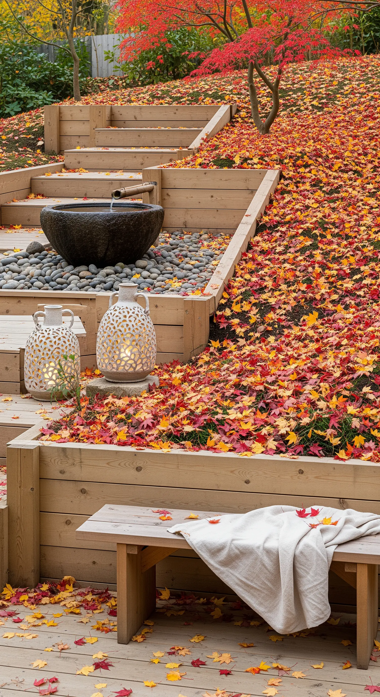 Holztreppe mit Zen-Wasserbecken, Laternen und Herbstlaub