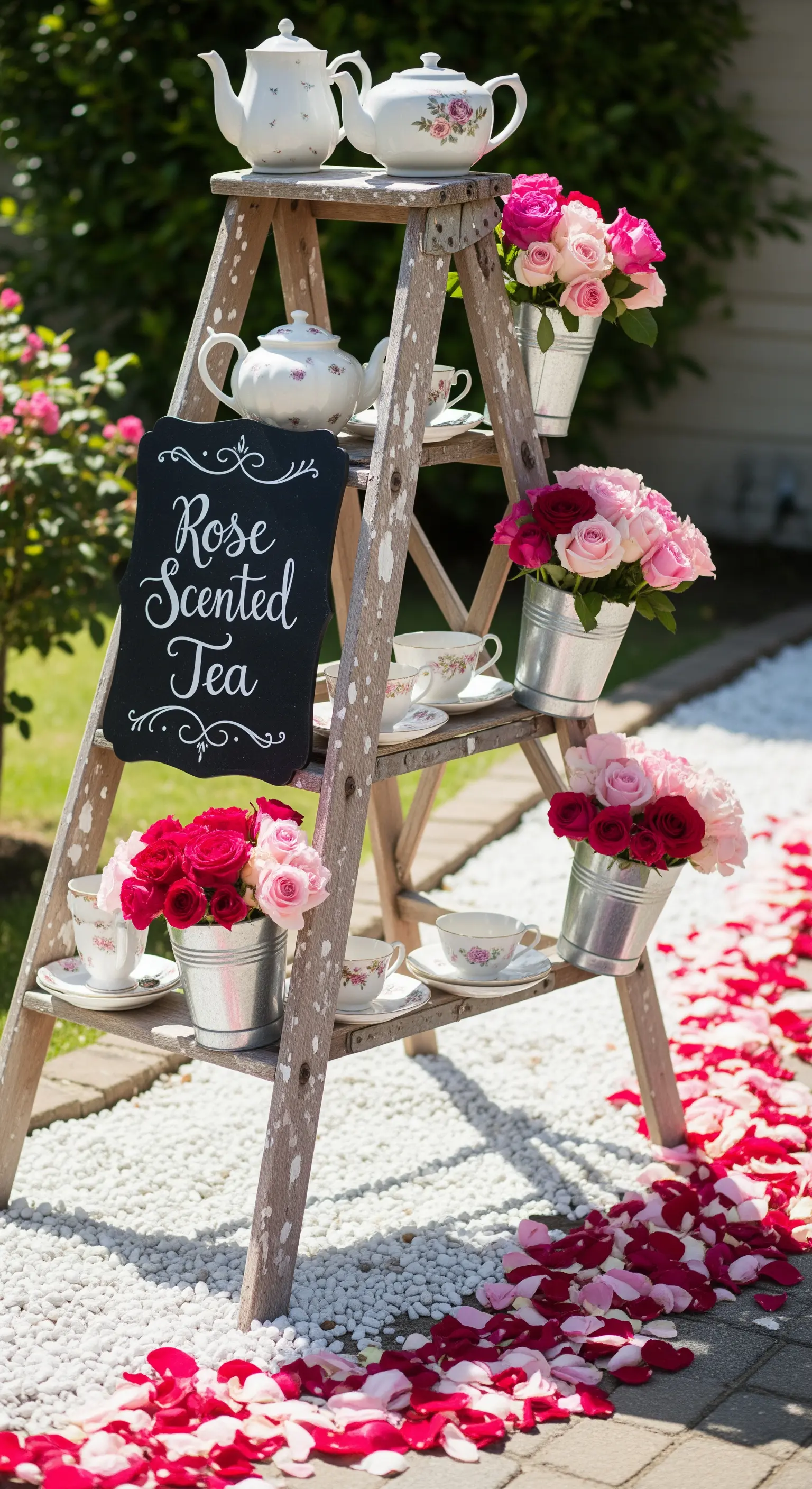 Holzleiter mit Teeservices und Rosensträußen in Zinkeimern, Kreidetafel