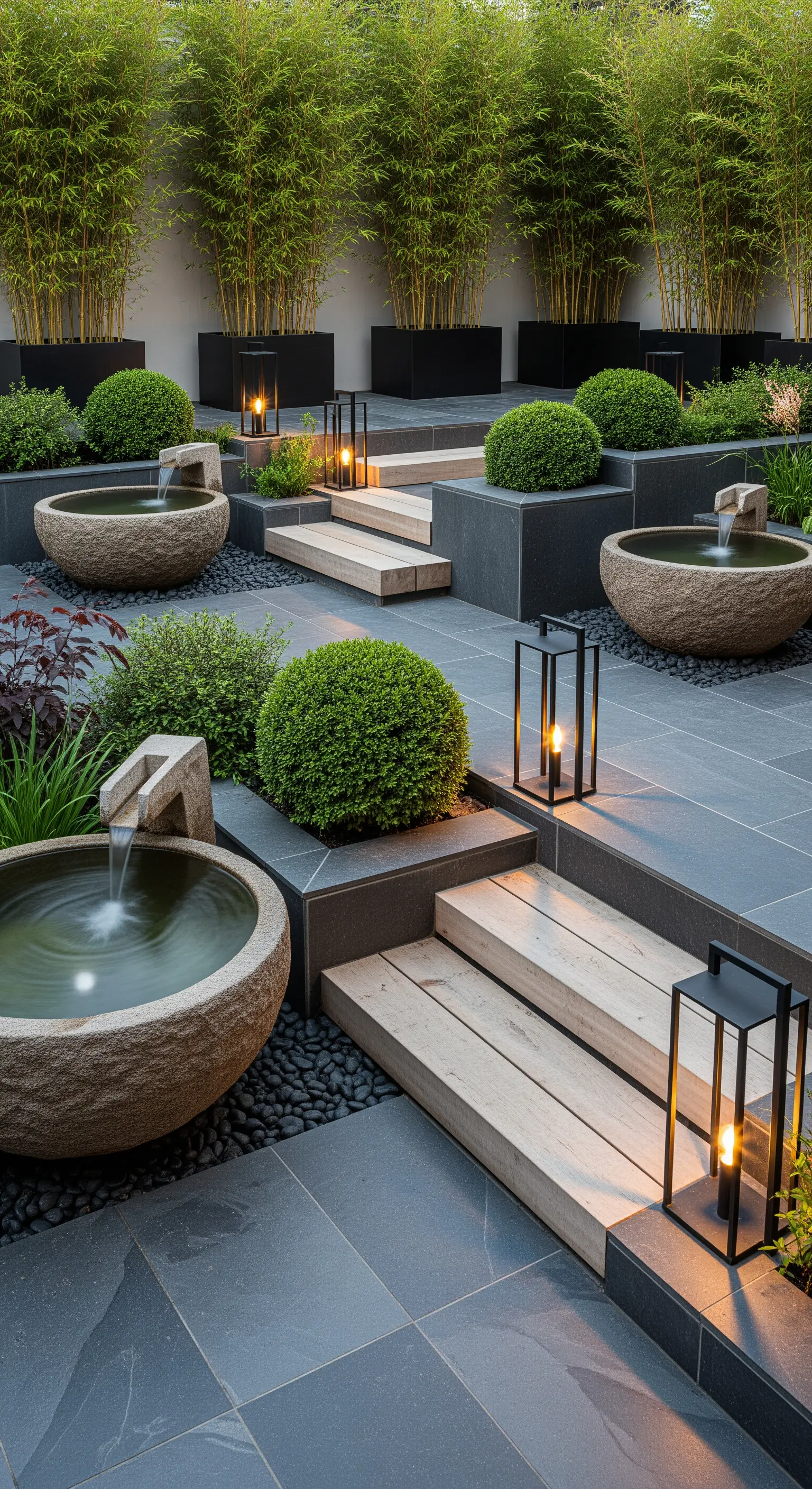 Gestaffelte Wasserschalen, Bambus, Holzstufen, moderne Laternen, Steinplatten