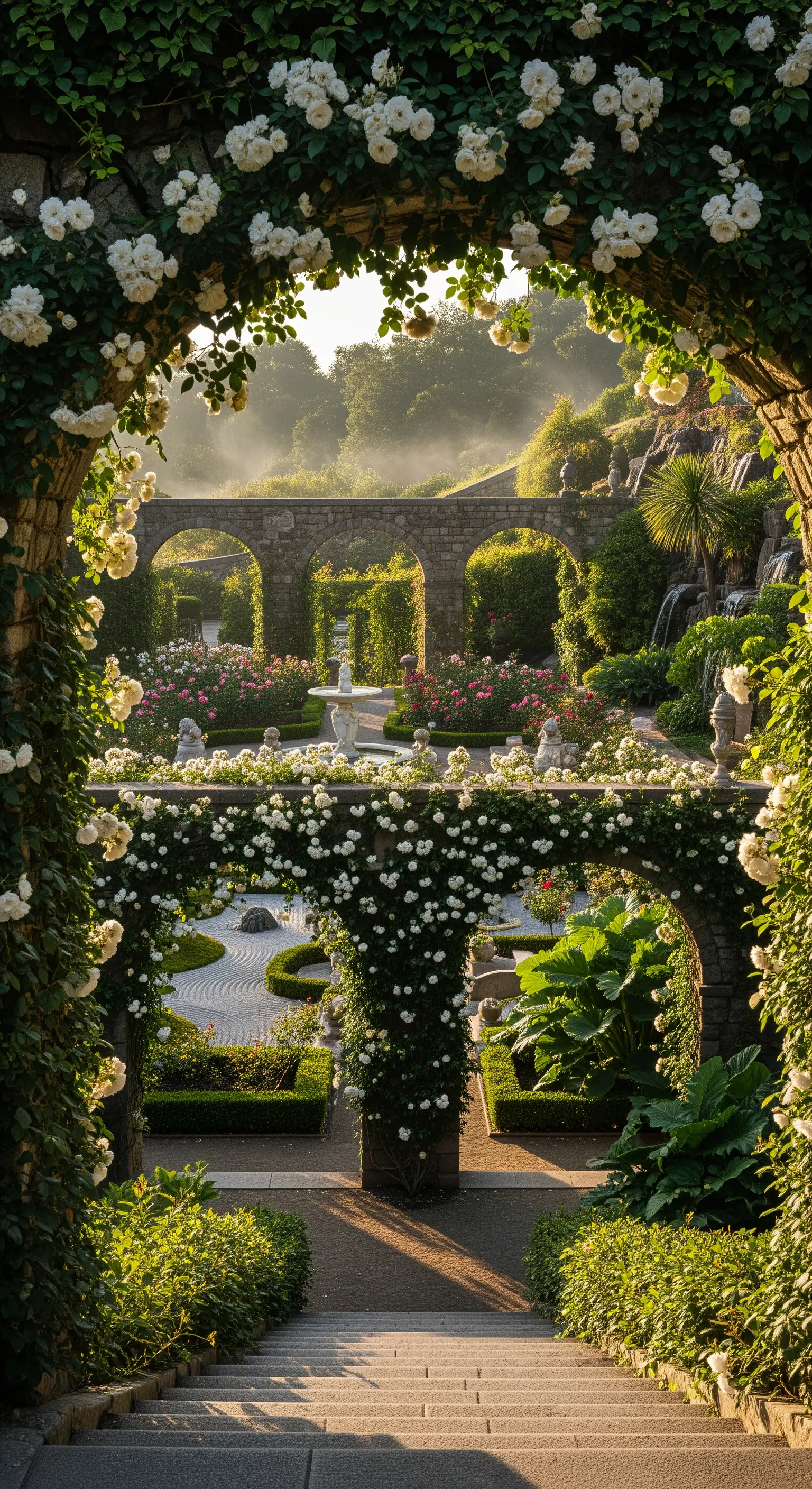 Terrassengarten, Rosenbögen, Springbrunnen, historische Gartenanlage