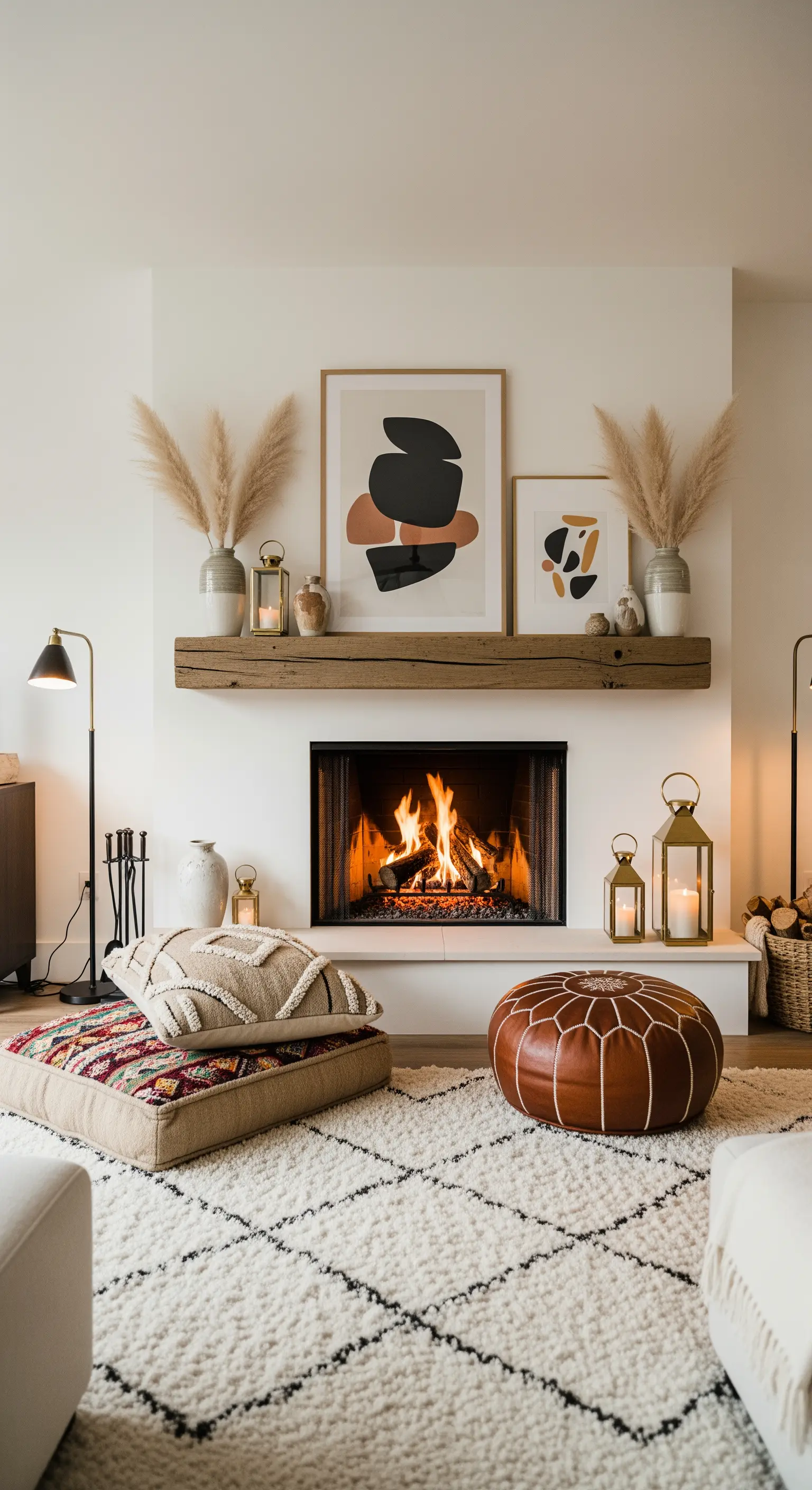 Modern gestalteter Kamin mit abstrakter Kunst, Pampasgras und Bodenkissen davor