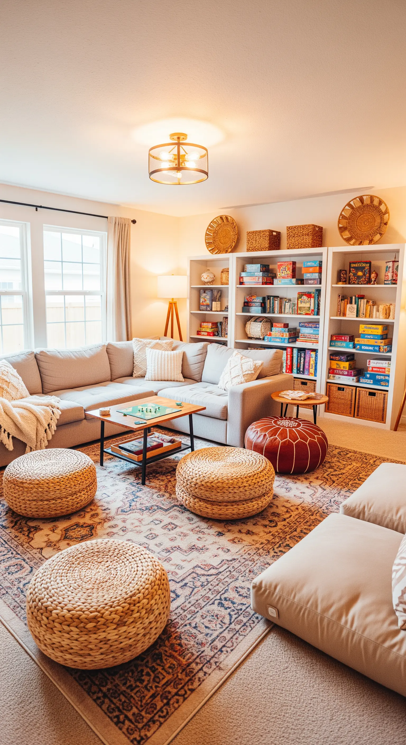Ein gemütliches Familienzimmer mit einem großen Sofa, Regalen voller Spiele und mehreren Poufs