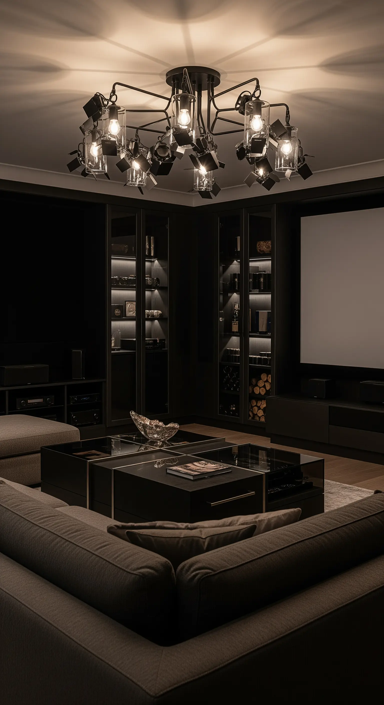 Industrielle Hängeleuchte im Scheinwerfer-Stil in einem dunklen Heimkino-Wohnzimmer.