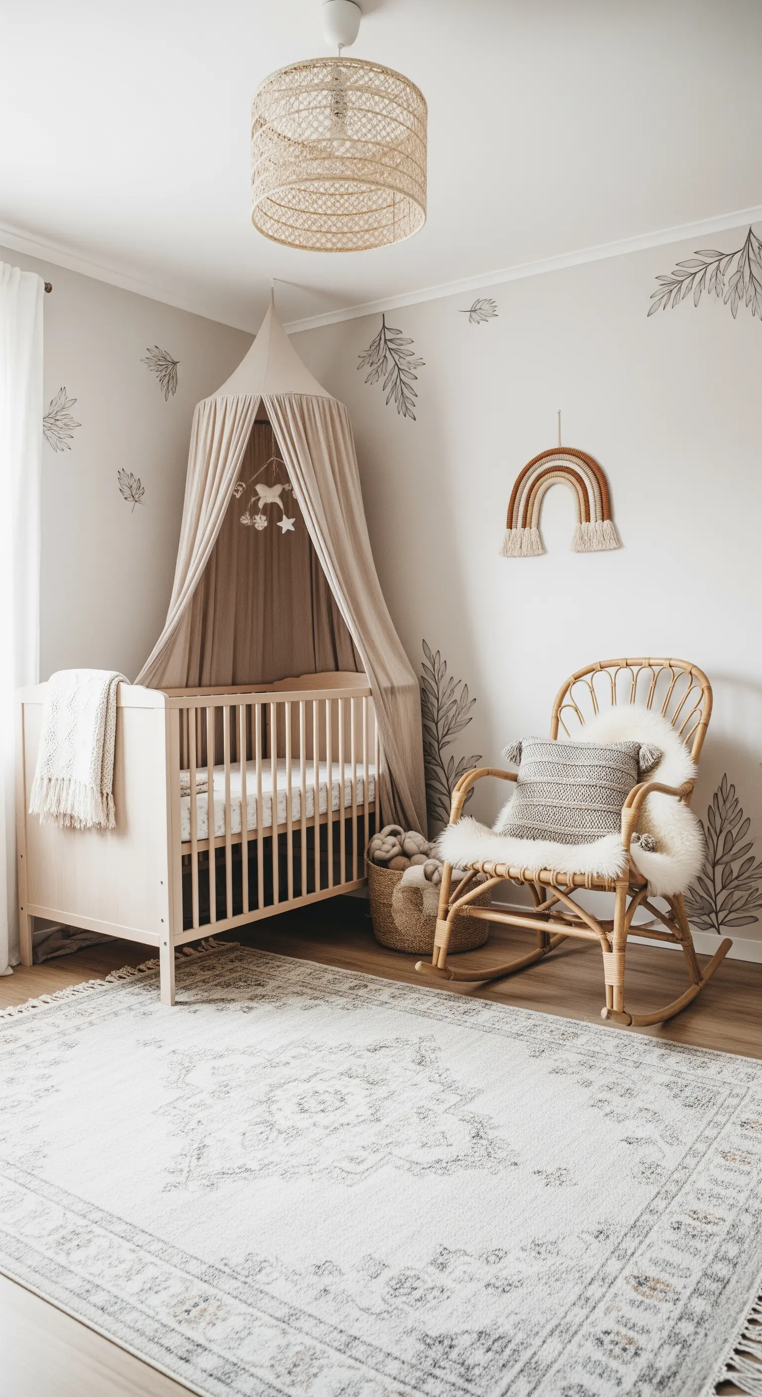 Ein ruhiges Babyzimmer in neutralen Tönen mit einem Betthimmel und einem Rattan-Schaukelstuhl